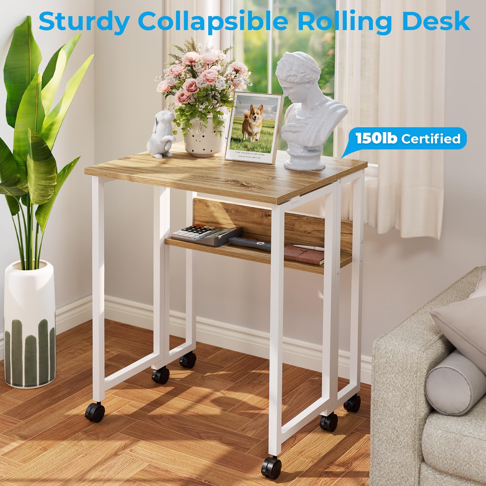 GreenForest Piccola Scrivania Pieghevole Salvaspazio con Scaffale, 63 CM Scrivania da PC su Ruote Facile da Assemblare, Adatta per Ufficio, Camera da Letto e Studio, Beige