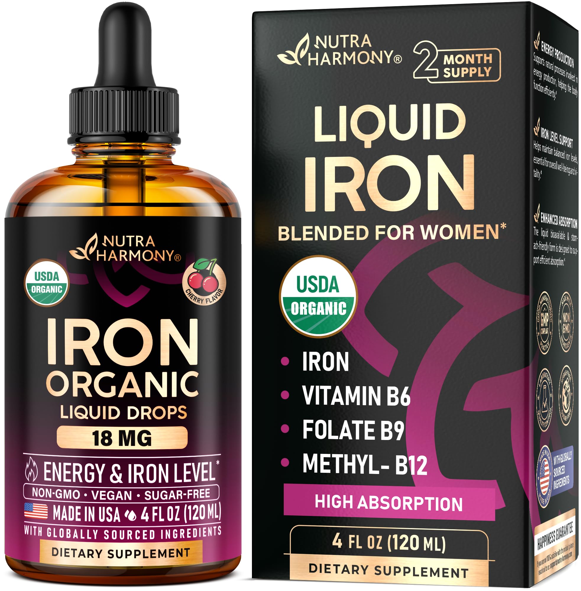 Liquid Iron Supplement for Women 18 mg - USDA Organic Iron Drops - with Folate, Vitamin B12 & B6 - Iron Level & Energy - Gentle & High Absorption Glycinate Form - Cherry Flavor, Sugar-Free - 4 fl oz