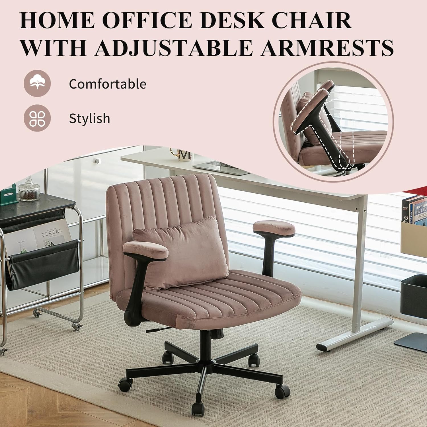 Home Office Desk Chair, Velvet Upholstered Criss Cross Chair with Pillow, Comfy Ergonomic Computer Chair with Height, Tilt Angle and Armrest Adjustable, Desk Chair for Office (Pink-Velvet)