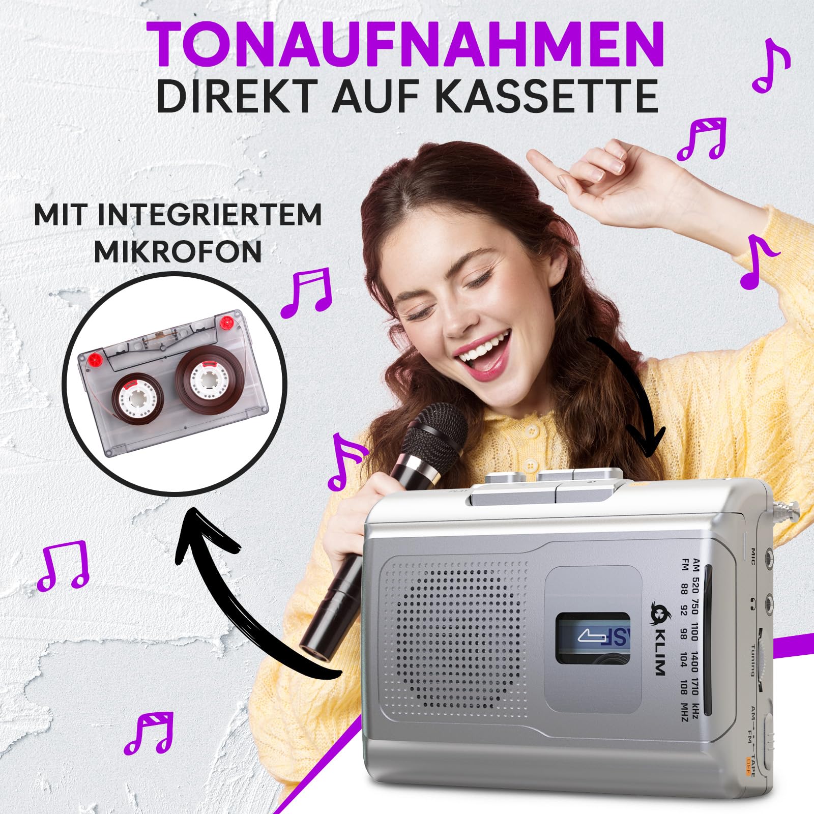 KLIM K8 Kassettenspieler - Kassettenrekorder - NEU Cassette Player - AM/FM Kassettenradio - Eingebautes Mikrofon & Lautsprecher - Kopfhöreranschluss & Ohrhörer - Silber