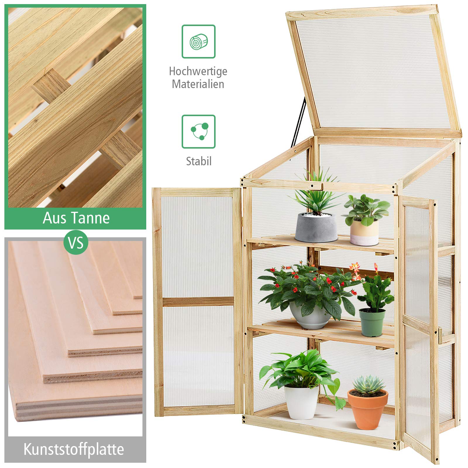 GOPLUS Frühbeet, Frühbeetkasten mit Abdeckung, Gewächshaus aus Tannenholz & Polycarbonat, Hochbeet Treibhaus für Garten & Balkon, 60 x 45 x 100 cm