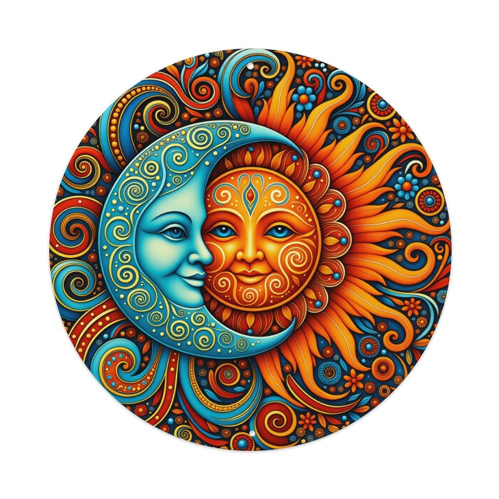 Sun And Moon Pattern Art Round Tin Sign Vintage Metal Poster Retro Bar, Home, Man Cave, Kitchen, Laundry Room Wall Art Decor Gift 8x8Inch