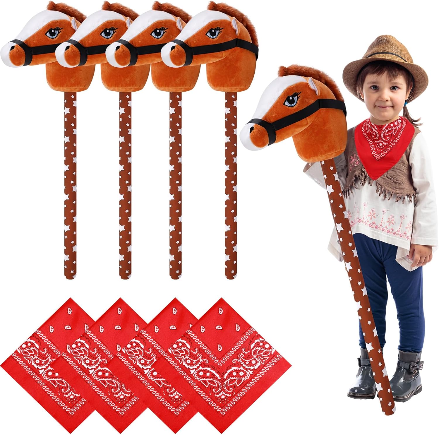 Poen 8 Pcs Light Brown Horse Stick with Sound Red Bandana Set 27.6'' Toys Stick Horse Western Cowboy Bandana Horse Head Stick with Neighing Sound for Boys Girls Fun Pretend Games Son Daughter