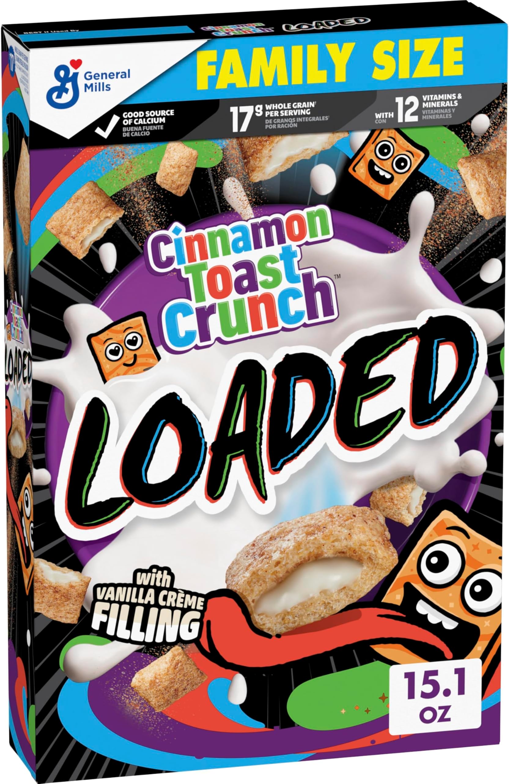 Cinnamon Toast Crunch Loaded Cereal, Cinnamon Sugar Cereal with Artificially Flavored Vanilla Crème Filling, Family Size, 15.1 oz