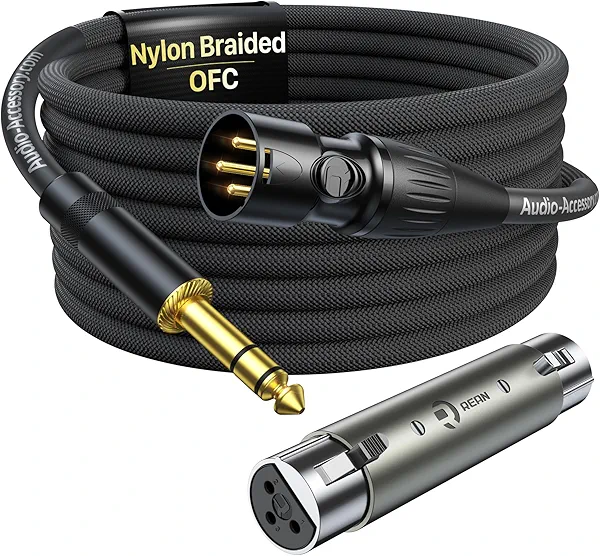 AA AUDIO ACCESSORY XLR Male to 1/4 Cable with XLR Female to Female Adapter Bundle, Rean Connectors from Neutrik, Kevlar-Reinforced Nylon Braided TRS Cable, Balanced Quarter Inch Cord, 6ft, OFC