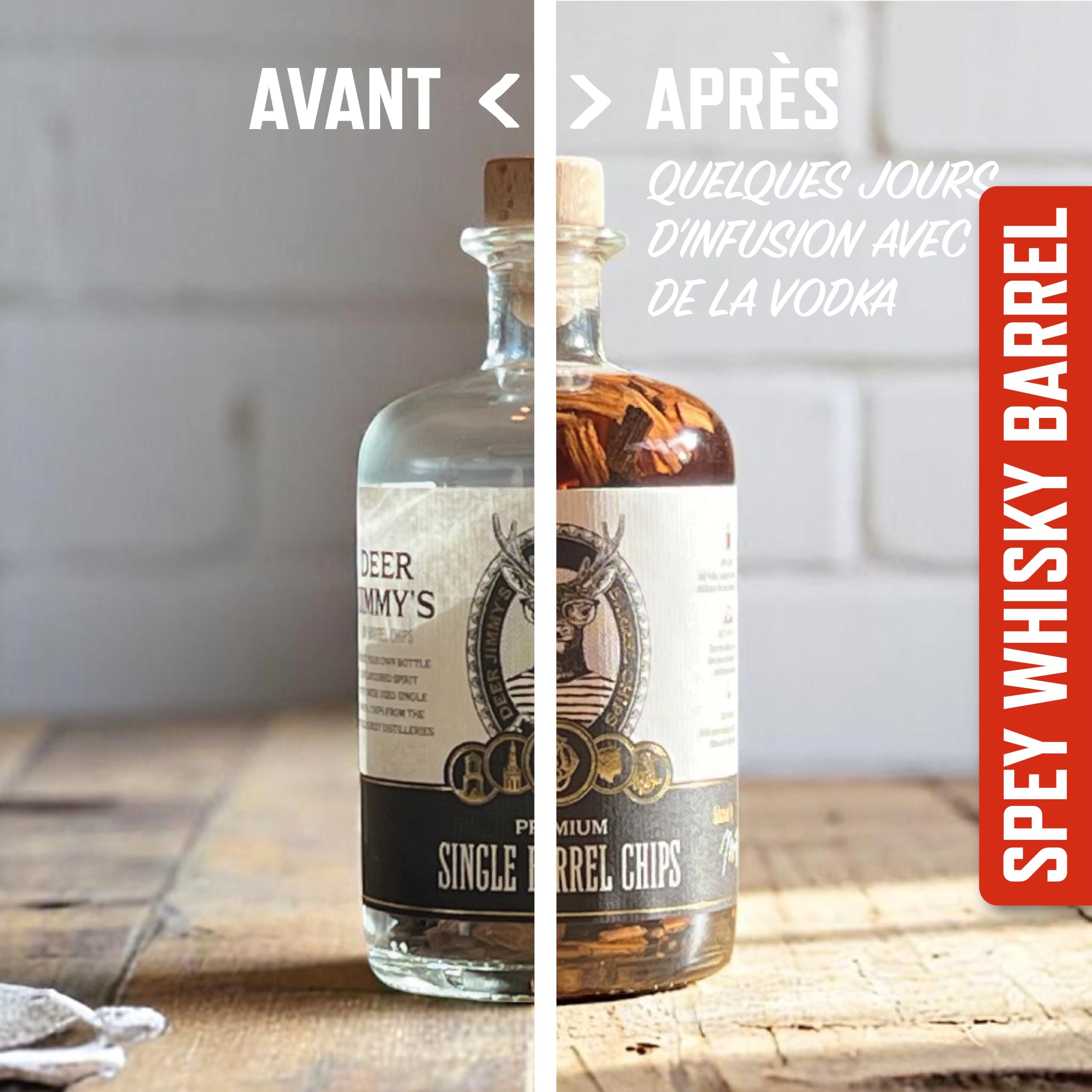 Deer Jimmy's® Coffret DIY Whisky – Fabrique Ton Propre Whisky avec du chêne Premium Issu de véritables fûts de Speyside – Maturation en fût Intense pour Tout spiritueux – Cadeau Parfait pour Homme