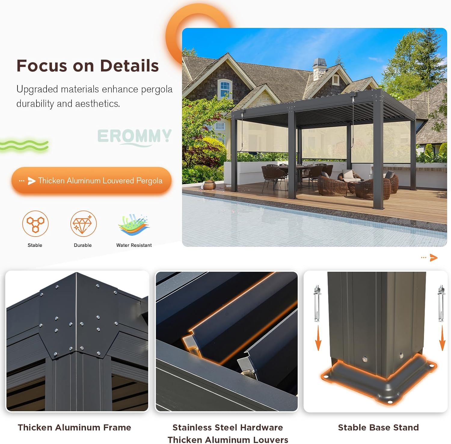 Pergola construction details including thickened aluminum frame and stable base stand