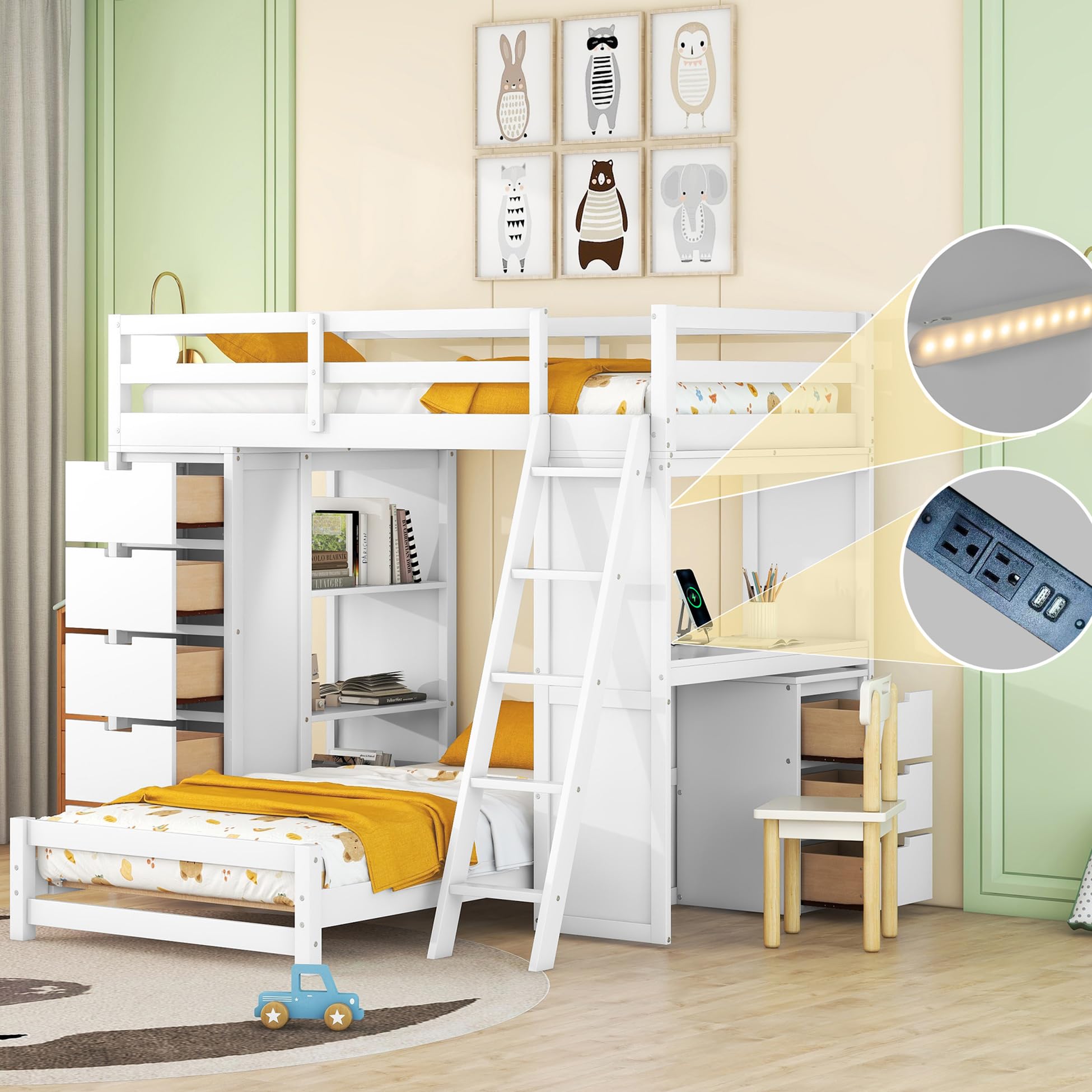 Harper & Bright Designs Twin Over Twin Bunk Bed with Storage, Desk, LED Light and USB Ports, Solid Wood Bunk Bed Frame, for Kids Teens Adults, White