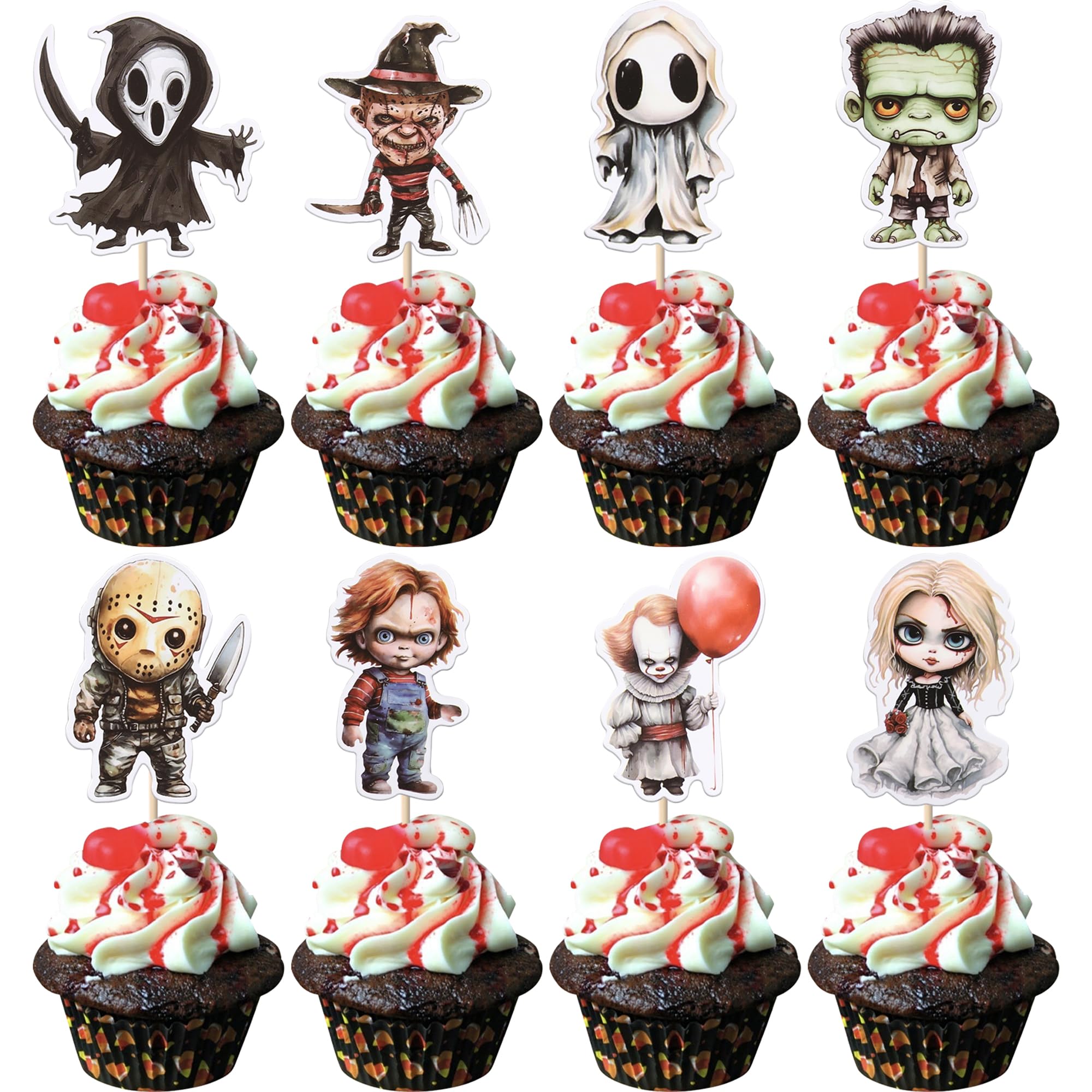 Xsstarmi 40 Pack Classic Movie Cupcake Toppers Halloween Party Decorations Movie Characters Cupcake Food Picks for Horror Theme Birthday Baby Shower Cake Decorations