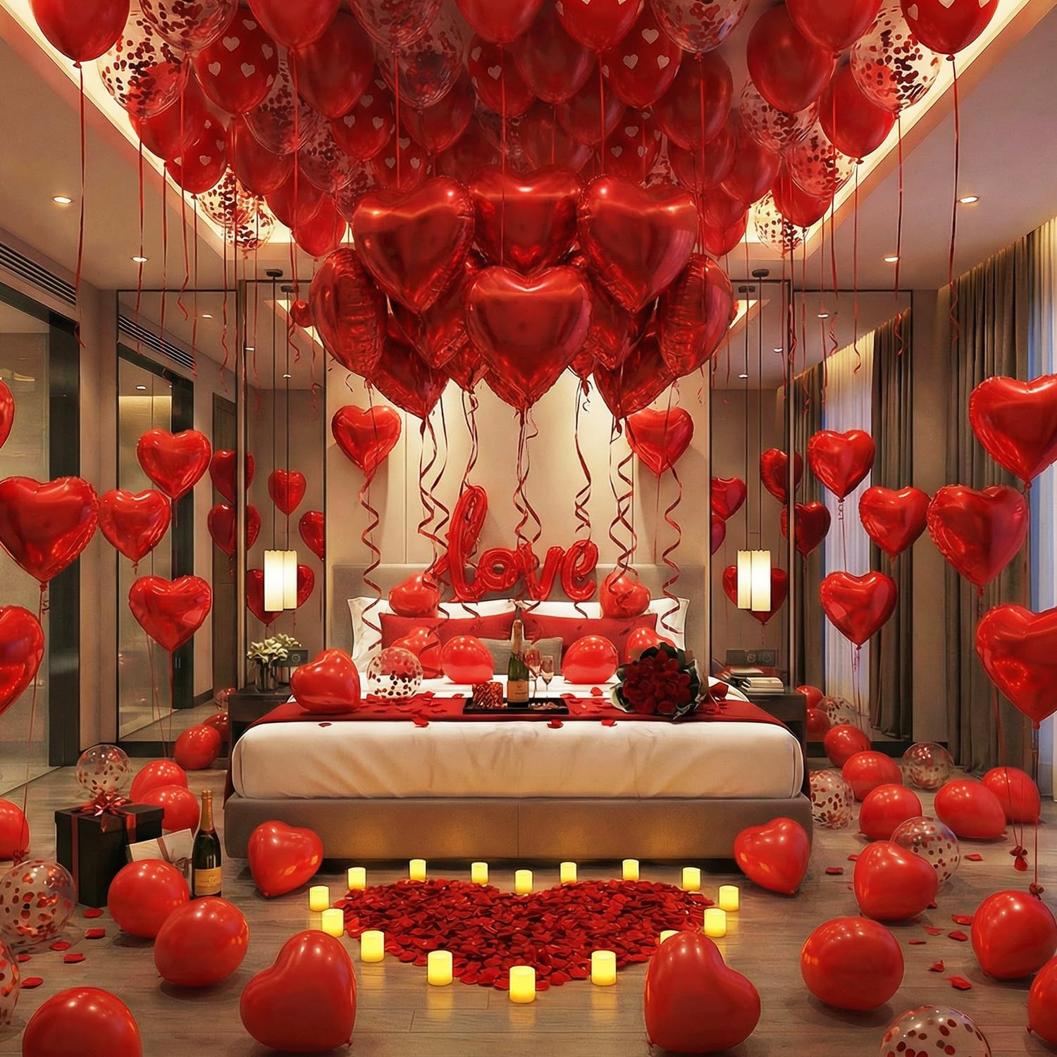 Decoraciones rojas para el día de San Valentín con velas LED de té