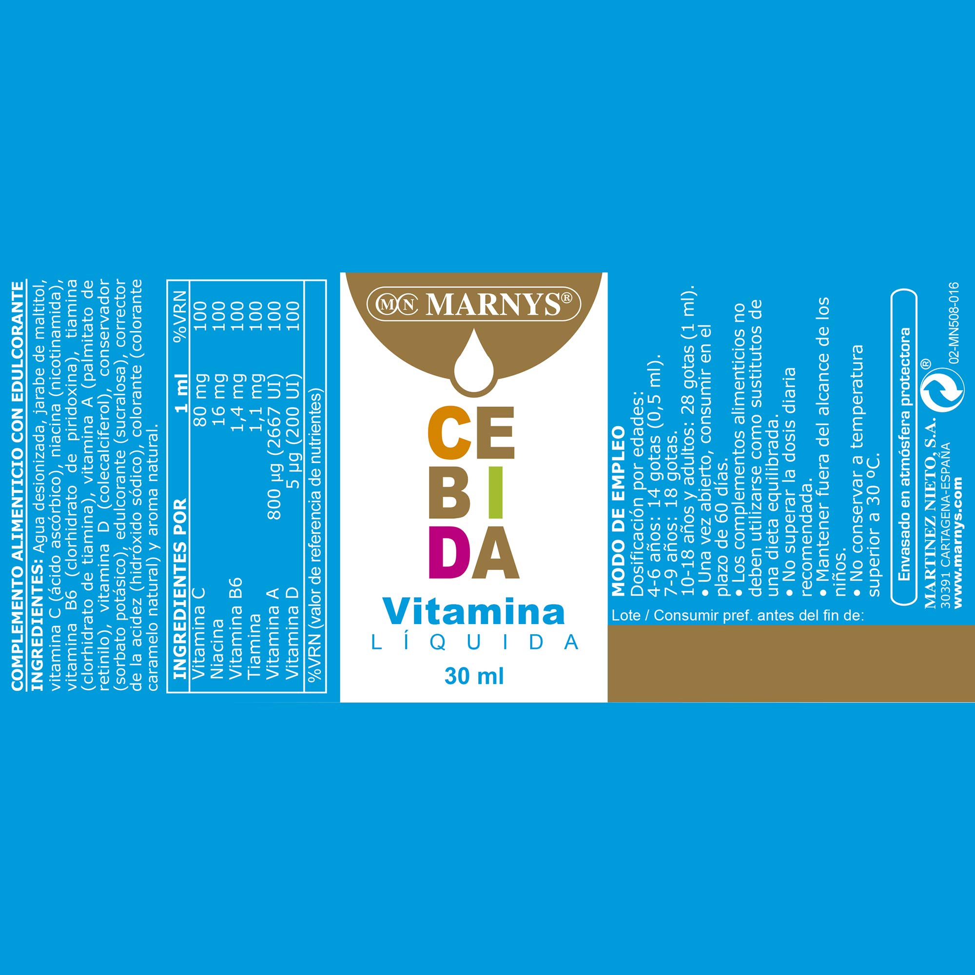 MARNYS Cebida Multivitamin Drops 30ml for Children 4+, Liquid Food Supplement with 6 Vitamins (A, C, D, B1, B3, B6) to Support Kids' Growth, Immunity & Energy, Easy Dropper