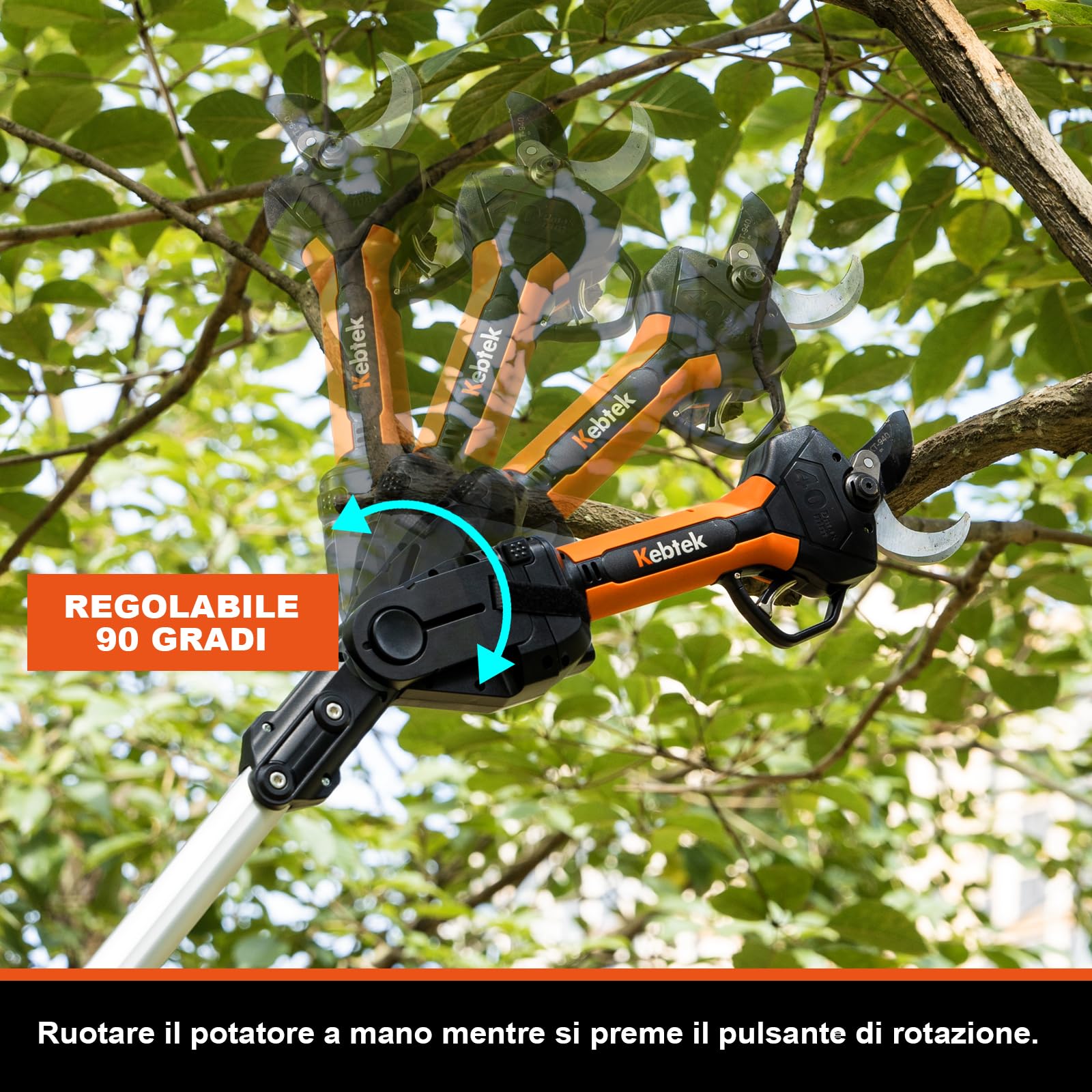 Kebtek Forbici Potatura a Batteria Professionali, con Telescopica, 2 * 2000mAh Batterie, Display LCD, Diametro di Taglio 40 mm (KT940)