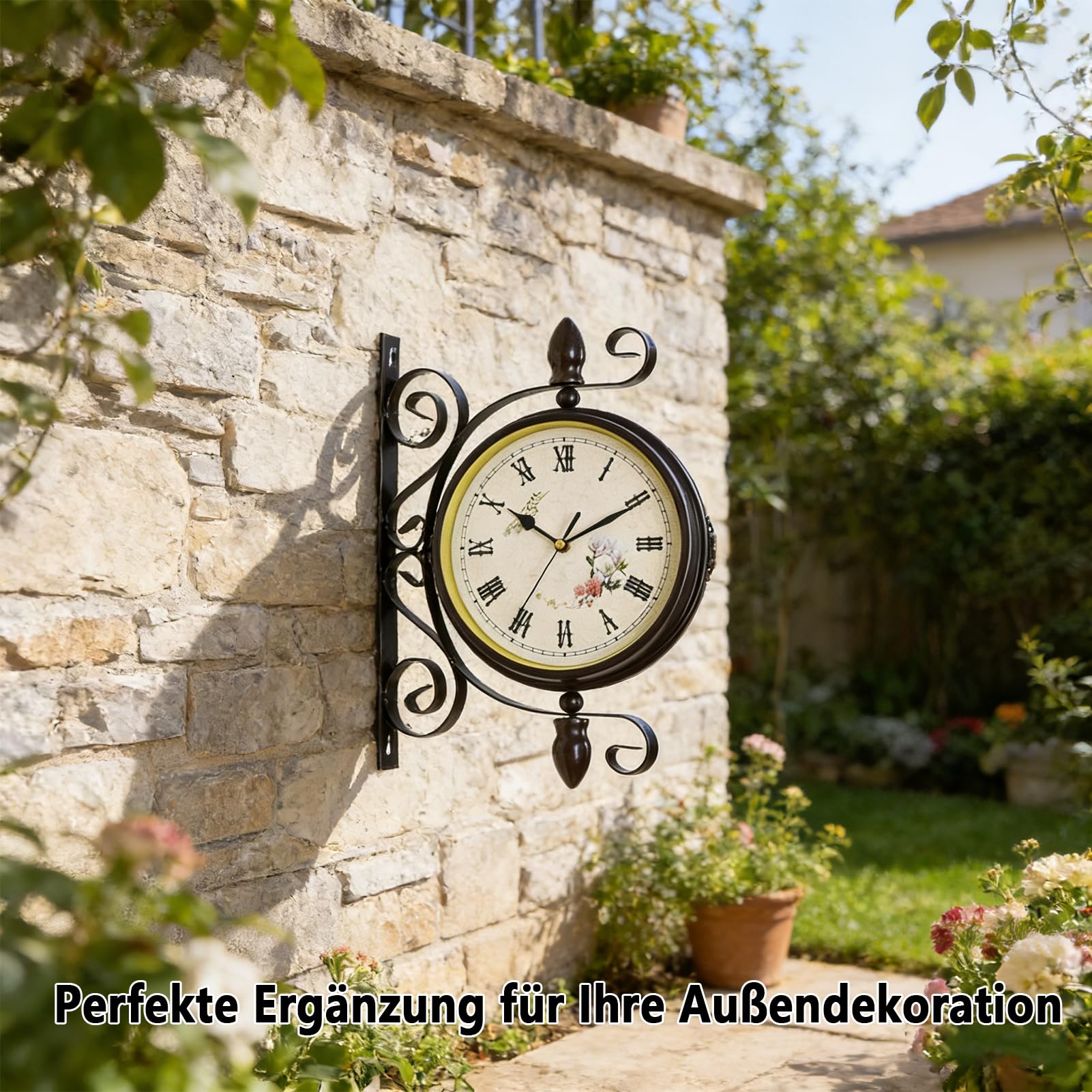 Bahnhofsuhr doppelseitig,Wanduhr im antiken Stil,30 X 40cm,Batterie, Eisen Bahnhof Stil,Metall, Zwei Gesichter,Gartenuhr im Vintage-Stil für Bahnhof, Flur oder Garten (ländlich-Braun)