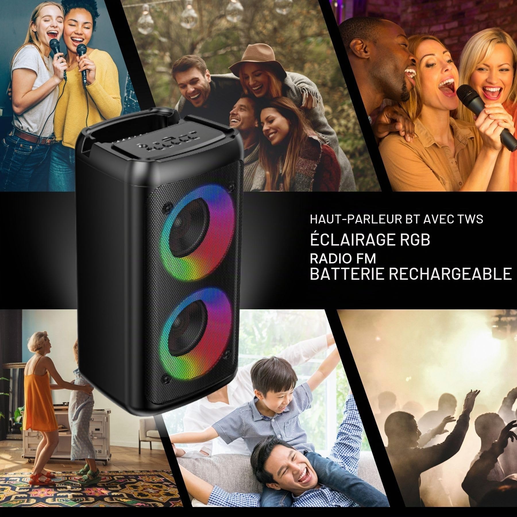 Enceinte Bluetooth BSL-S21 avec éclairage sur Les Haut-parleurs | 2 Haut-parleurs de 4 Pouces | 20 W | Microphone Offert | Batterie de 2400 mAh | Radio FM et Lecteur MP3 Via USB | Chargement USB-C |