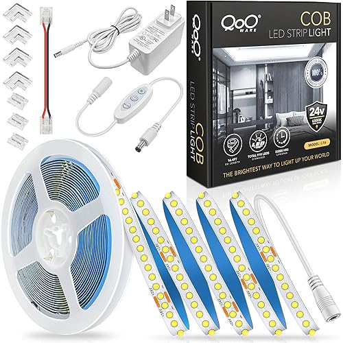 White COB LED Strip Lights, 16.4ft Dimmable 6500K LED Light strip Daylight White, 910 LEDs 24V Flexible Led Lights for Bedroom, Kitchen, Under Cabinet Lights, Mirror, TV Backlights
