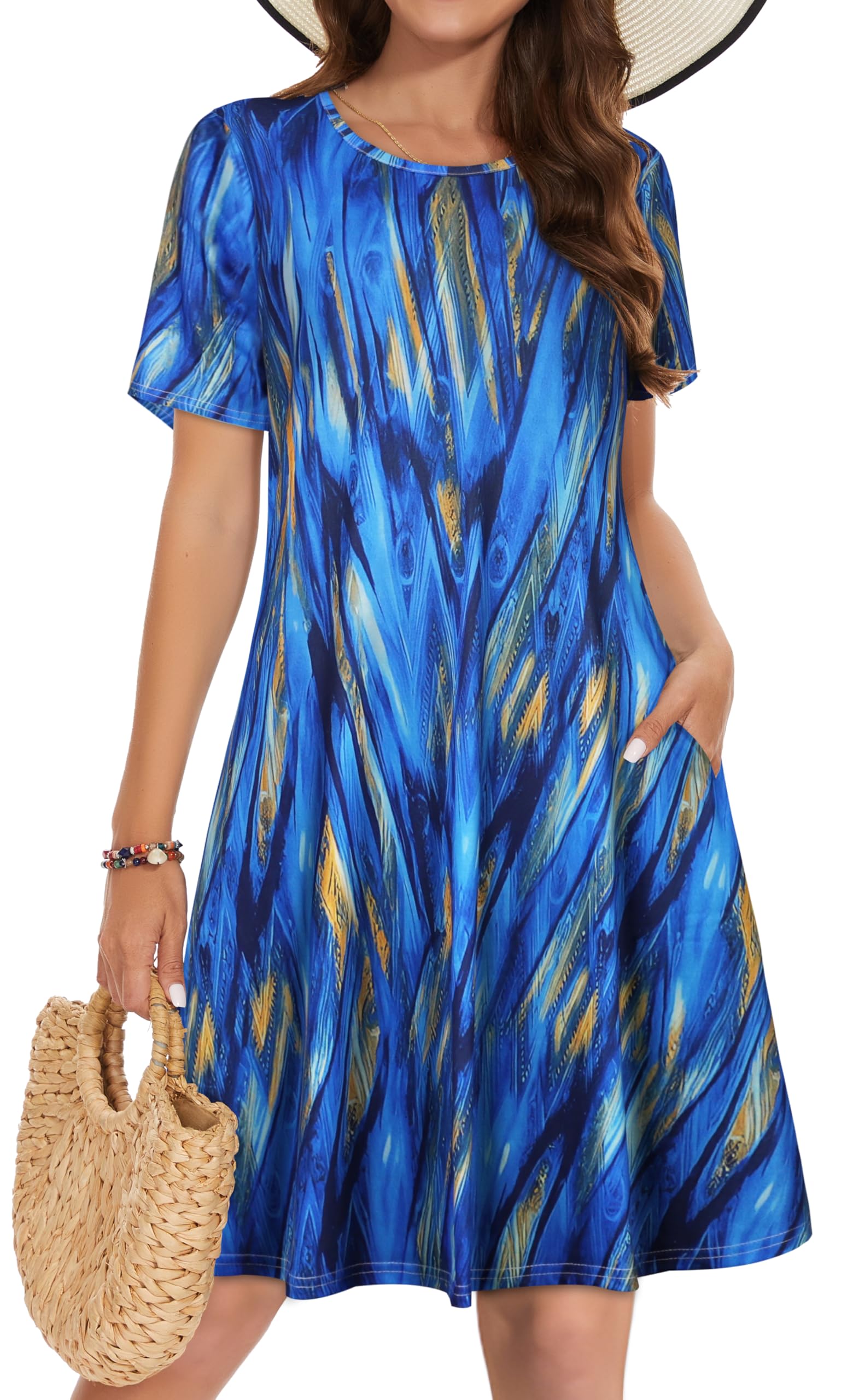 Summer Dresses for Women Casual Tshirt Short Sleeve Floral Sundress Beach Cover Ups with Pockets