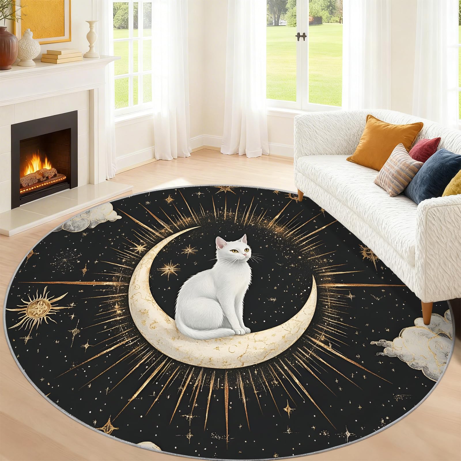 Générique Tapis Rond bohème de 120 cm, Motif Chat Lune, pour Chambre à Coucher, Salon, Bureau, Table Basse, décoration d'intérieur