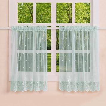 Molaxhome Lace Curtain Valance Floral Semi Sheer Curtain Window Valance | Kitchen Valances for Windows,Cafe Valance,for Dinning Bath Room,2Pcs,Blue,W29xL36inch