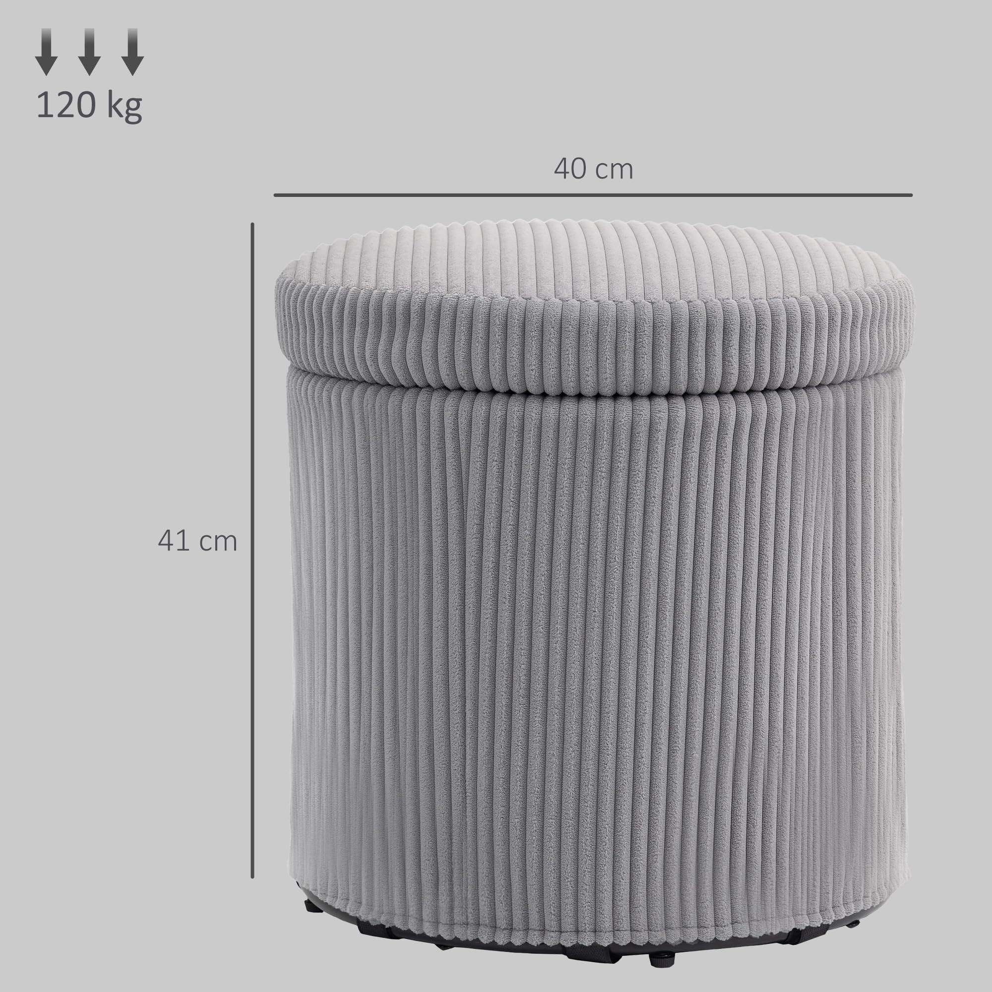HOMCOM Pouf Rotondo Portaoggetti Baule Ø40x41 cm Grigio Chiaro | Rivestimento in velluto a coste, seduta imbottita, coperchio rimovibile, per ingresso, camera da letto, soggiorno.