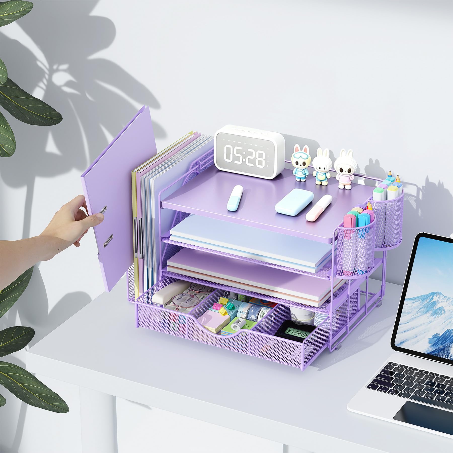 gianotter Wood Desk Organizers and Accessories with File Holder, 4-Tier Desk Accessories & Workspace Organizers with Drawer and 2 Pen Holder, Desk Reference Organizer (Purple, 4T with Metal Drawer) view 6