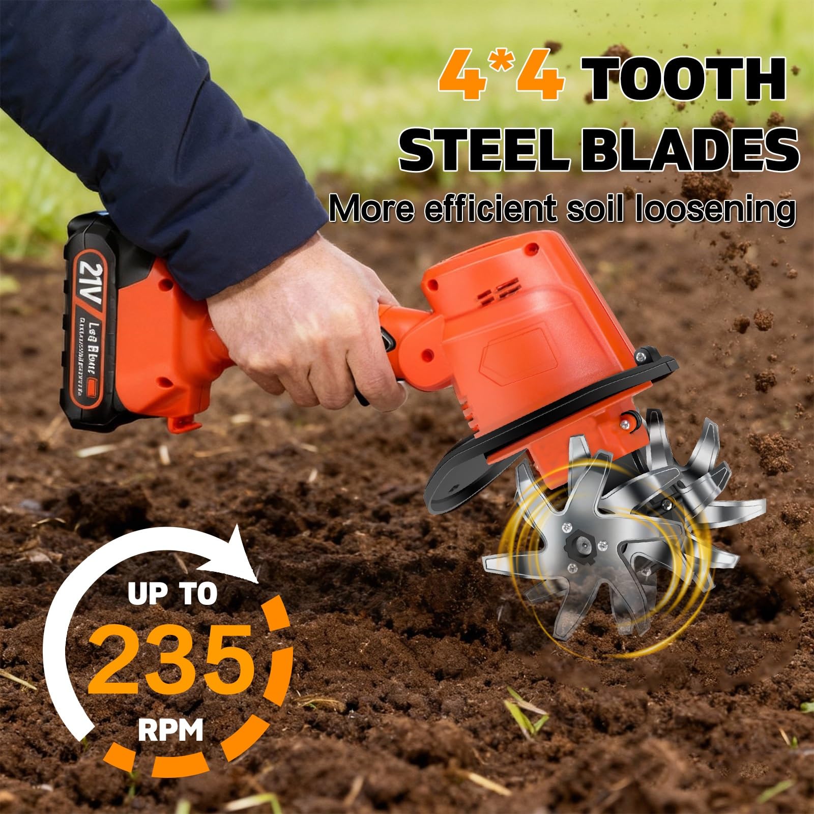 Labrador eléctrico inalámbrico para jardín con poste de extensión y dientes de acero, 10 cm de ancho y profundidad, ideal para labrar y sembrar semillas