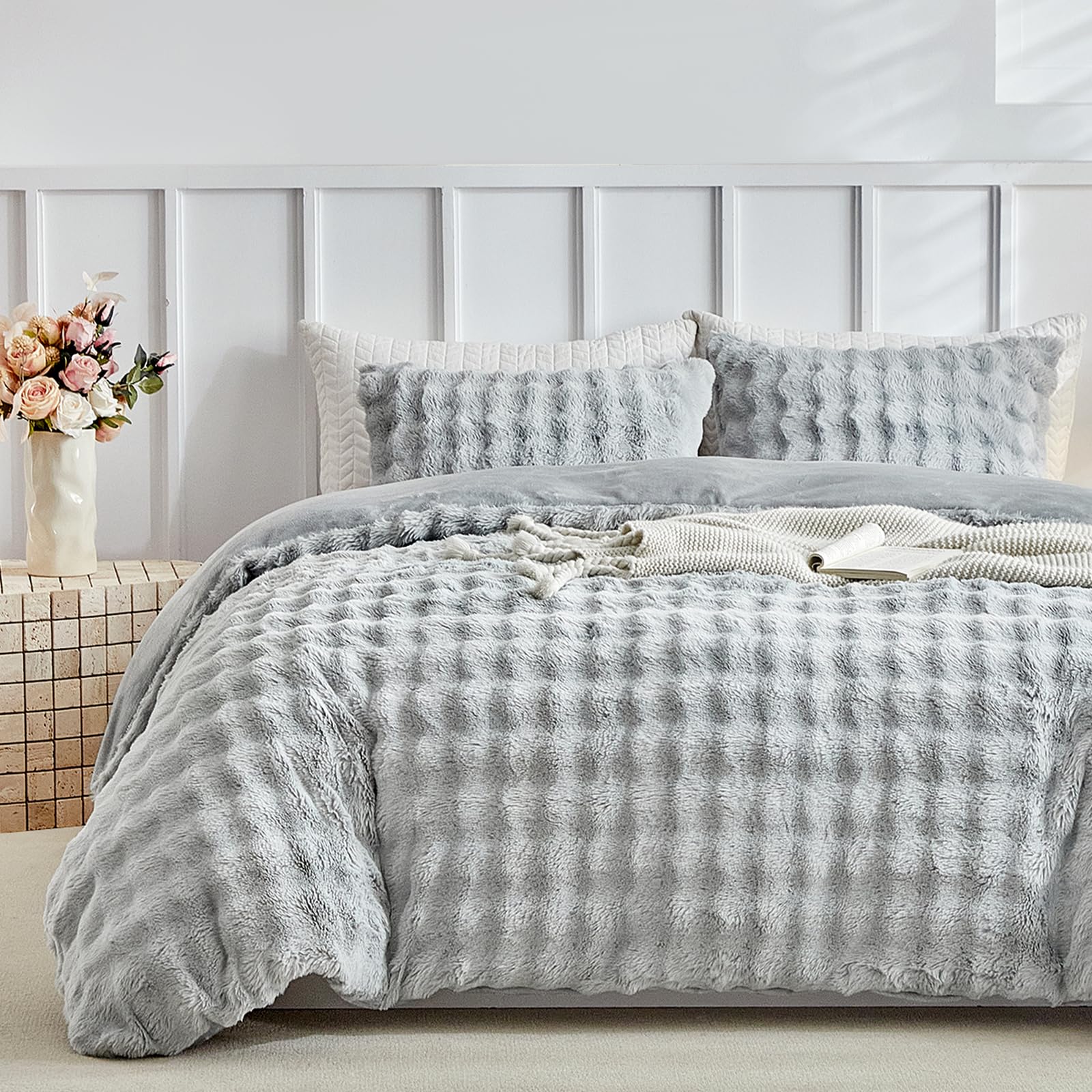 lekesky Fluffy Faux Fur Duvet Cover King Size with 2 Pillowcases, Grey