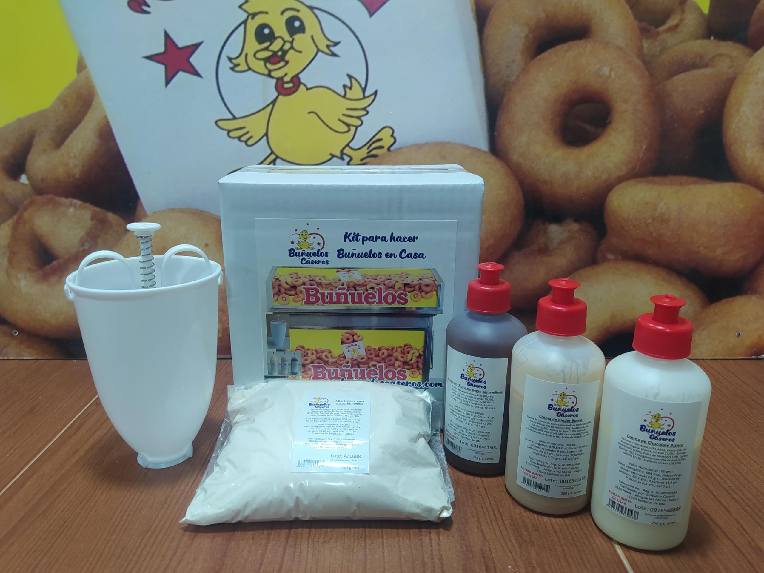 Pack BUÑUELOS CASEROS - Kit BUÑUELO Completo con Mezcla en Polvo para BUÑUELOS, Maquina DE BUÑUELOS y 3 CREMAS - Preparado DE REPOSTERIA Ideal para Todos