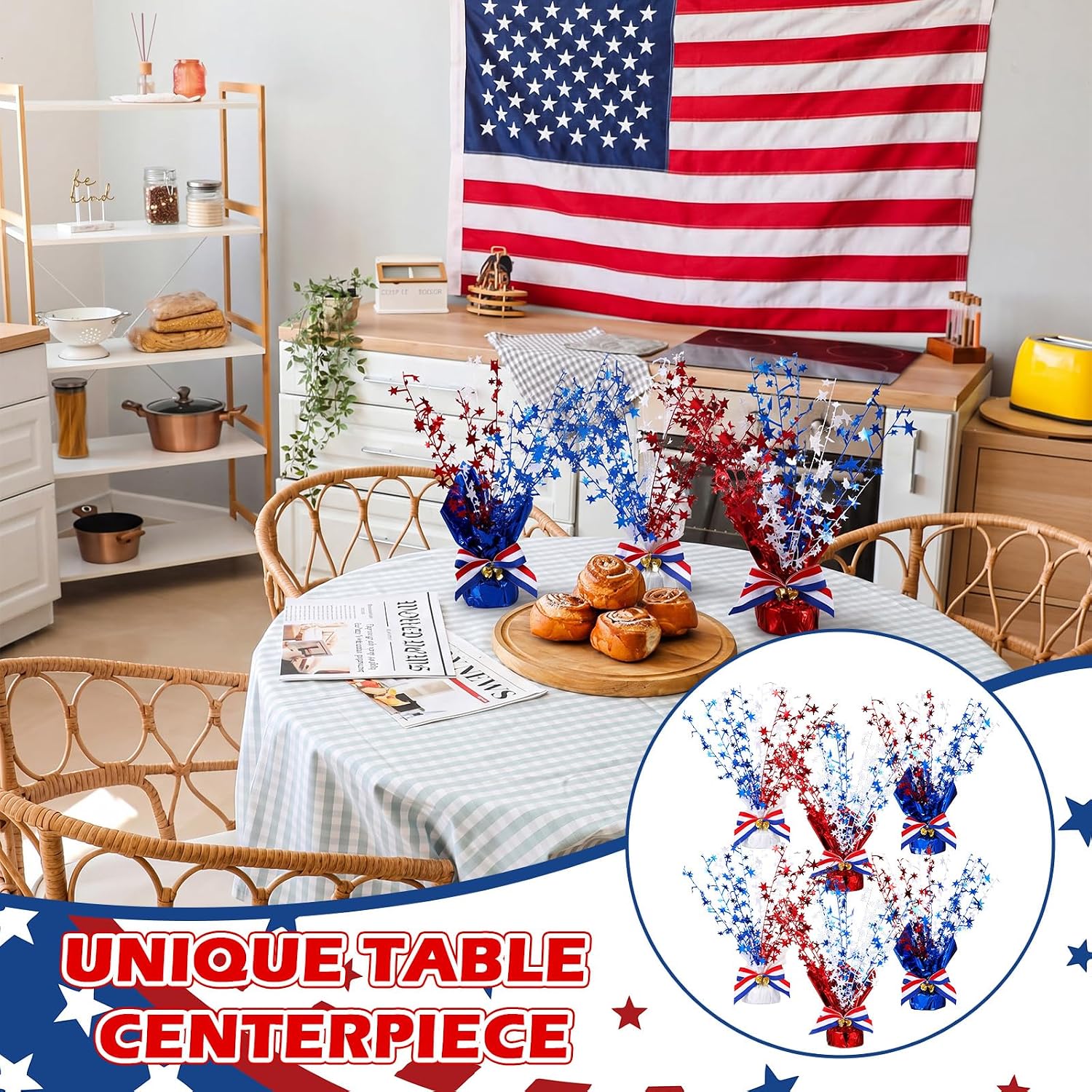 Suncalla 6 Pack 4th of July Table Centerpiece Decoration Red White Blue Patriotic Decorations Metallic Stars Centerpieces for 250th Anniversary Independence Day American Decor