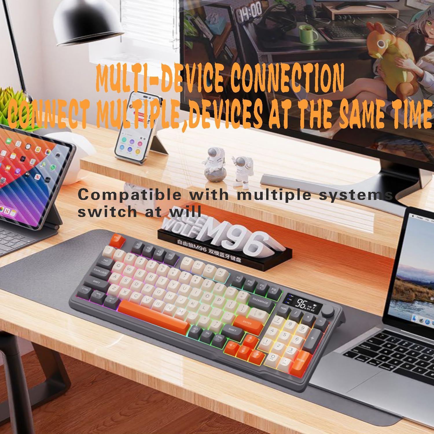 Keyboard connected to multiple devices including a laptop and tablet, demonstrating multi-device connection capability