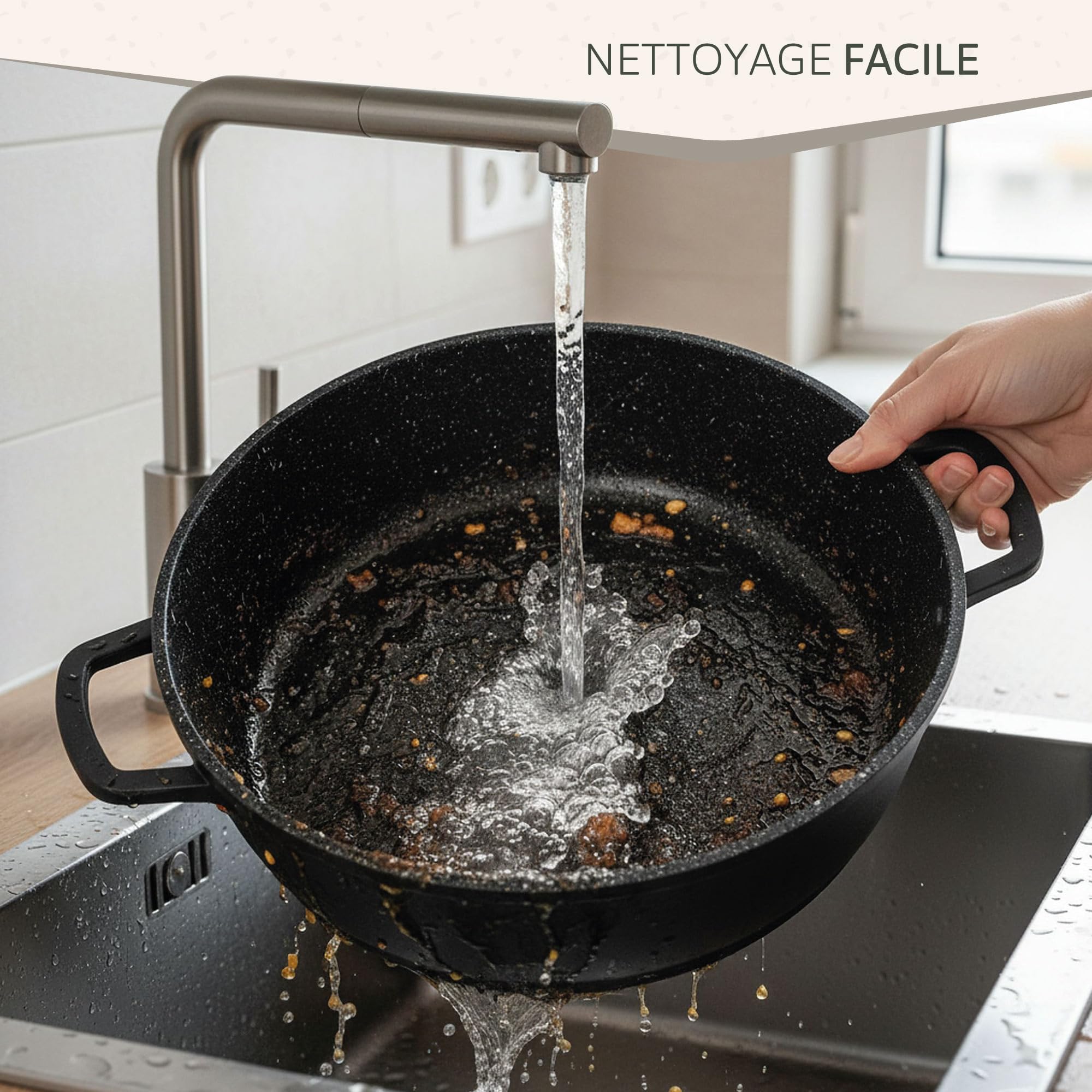 briebe Black Titanium Faitout Basse Induction Antiadhésif Titane, Casserole 24cm, Fonte d'Aluminium, Revêtement sans PFOA, Couvercle en Verre, Poignées Silicone, Vitrocéramique, Gaz, Four