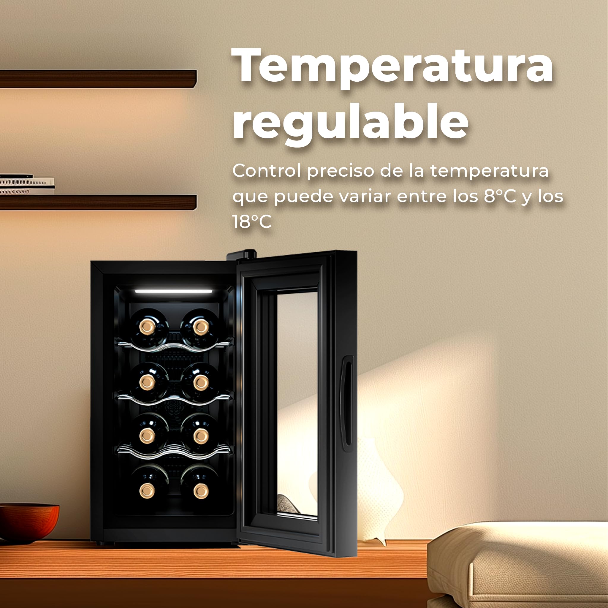 EVVO Vinoteca VT8 - Enfriador de Botellas de Vino, Nevera Pequeña para 8 Botellas, Enfriador de Vino Silencioso, Control Táctil, Luz LED, Botellero Vertical, Temperatura Ajustable 8-18ºC