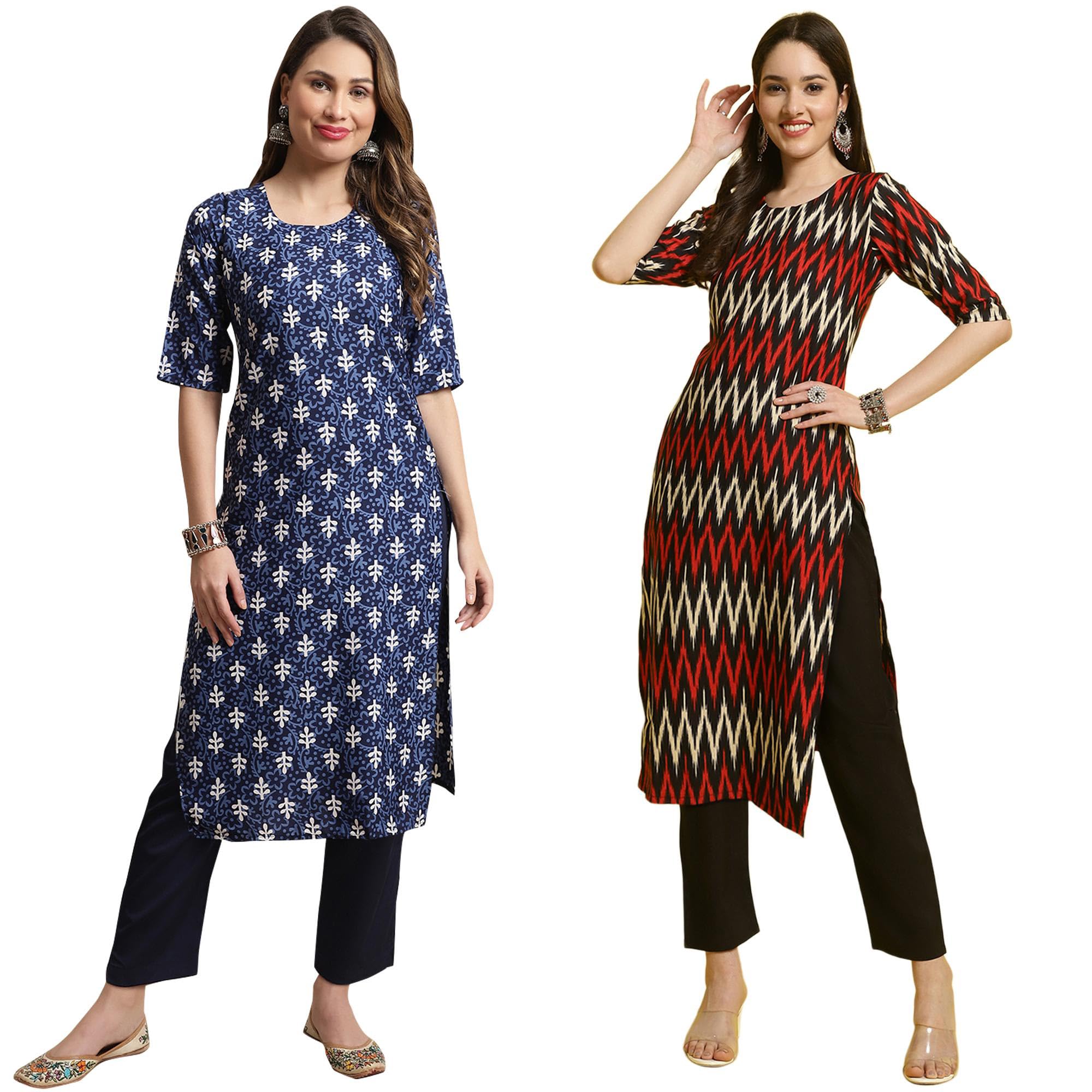 Pinkmint Printed Round Neck Kurta Set For Women Ll Kurti & Pant Set For Women Ll Regular Fit Kurta Set (Pack Of 2)