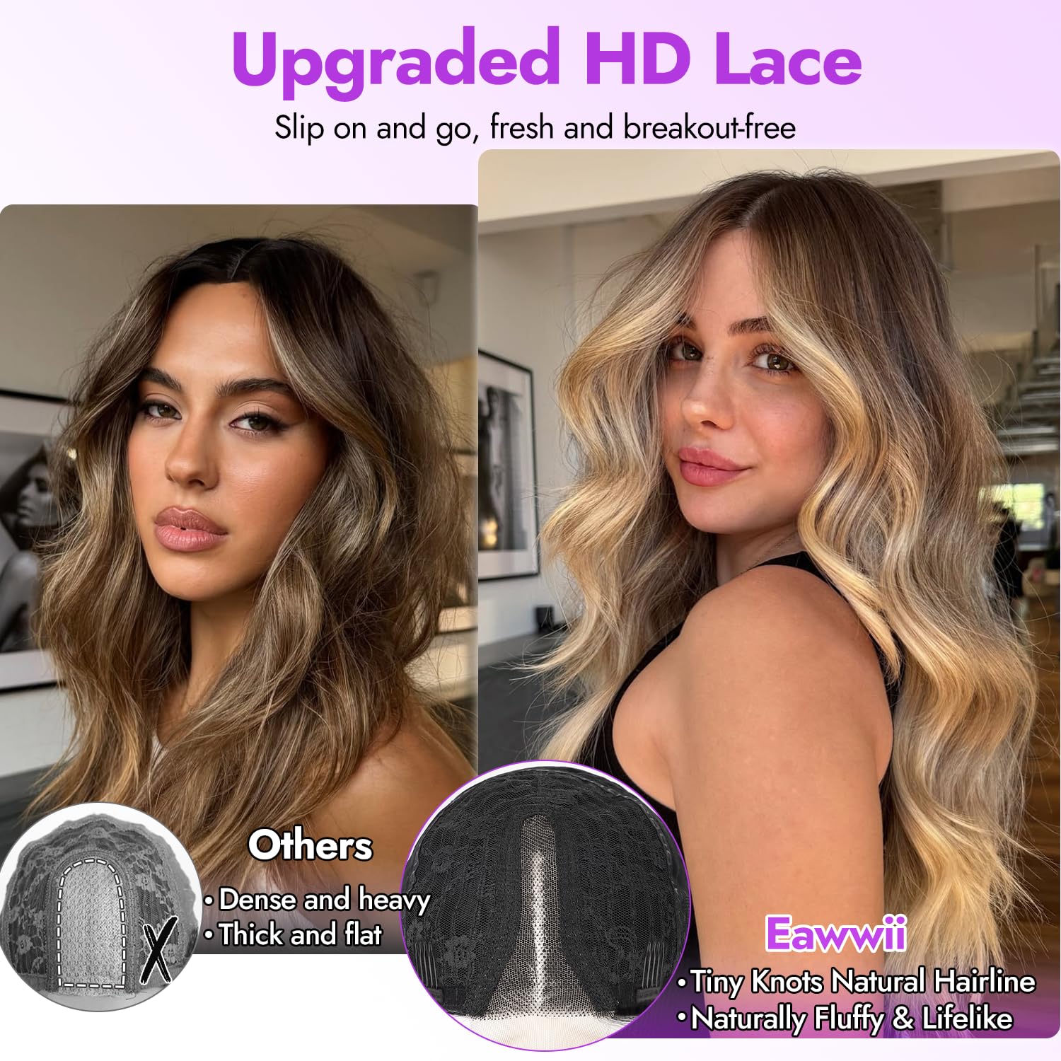 Eawwii Glueless Wavy Lace Wig for Women, Heat-Resistant Synthetic Hair