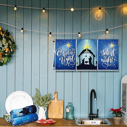 Miniatura 4 de Hosuly 6 paños de cocina de Navidad, diseño de pesebre, paño de mano de Jesús para la noche santa de Jesús, cumpleaños, azul Navidad, luz de