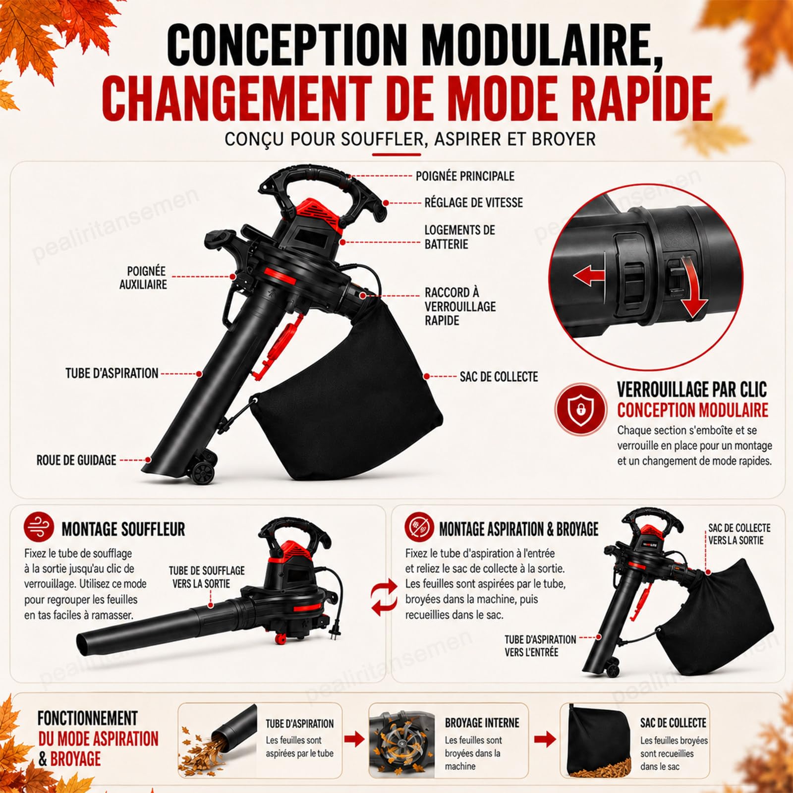 Aspirateur Souffleur De Jardin Avec Broyage 16:1 Et Sac 40 L 4×5.0Ah