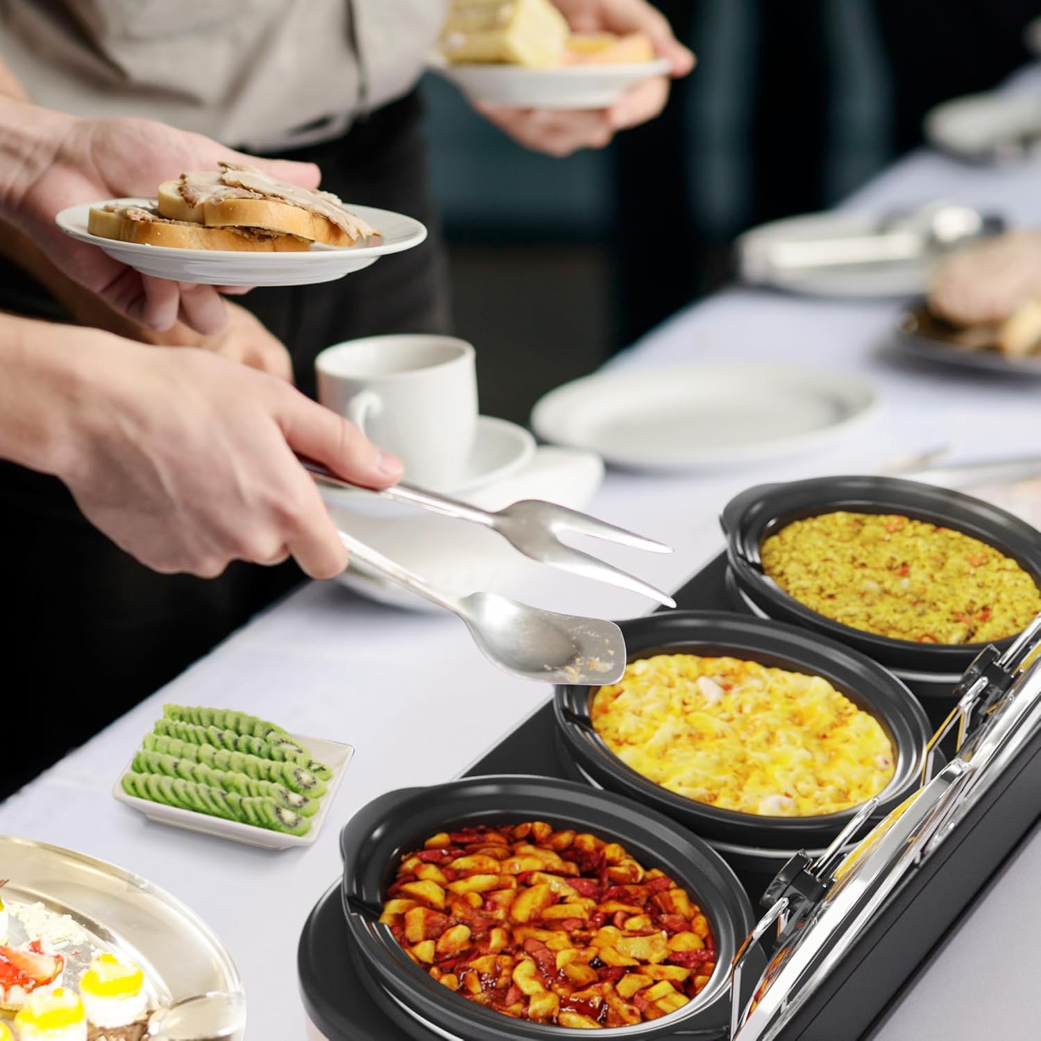 Sunvivi Triple Slow Cooker, Buffet Server & Warmer with 3 Removable Ceramic Pots, 3 Adjustable Temp Settings & 3 Metal Lid Rests, Stainless Steel, 3 * 1.5 Quarts Black