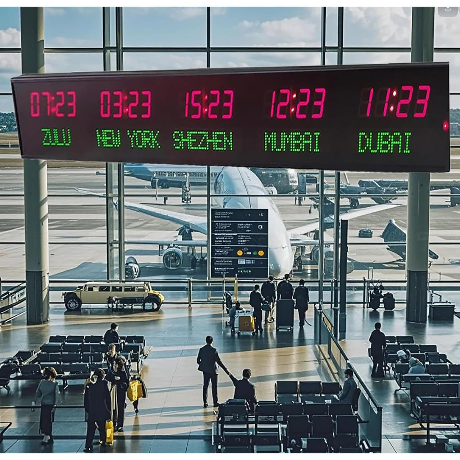 Orologio orario mondiale con display a 5 città, fusi orari multipli a LED, 3 livelli di luminosità, alloggiamento interamente in alluminio per ufficio, hotel e uso aziendale