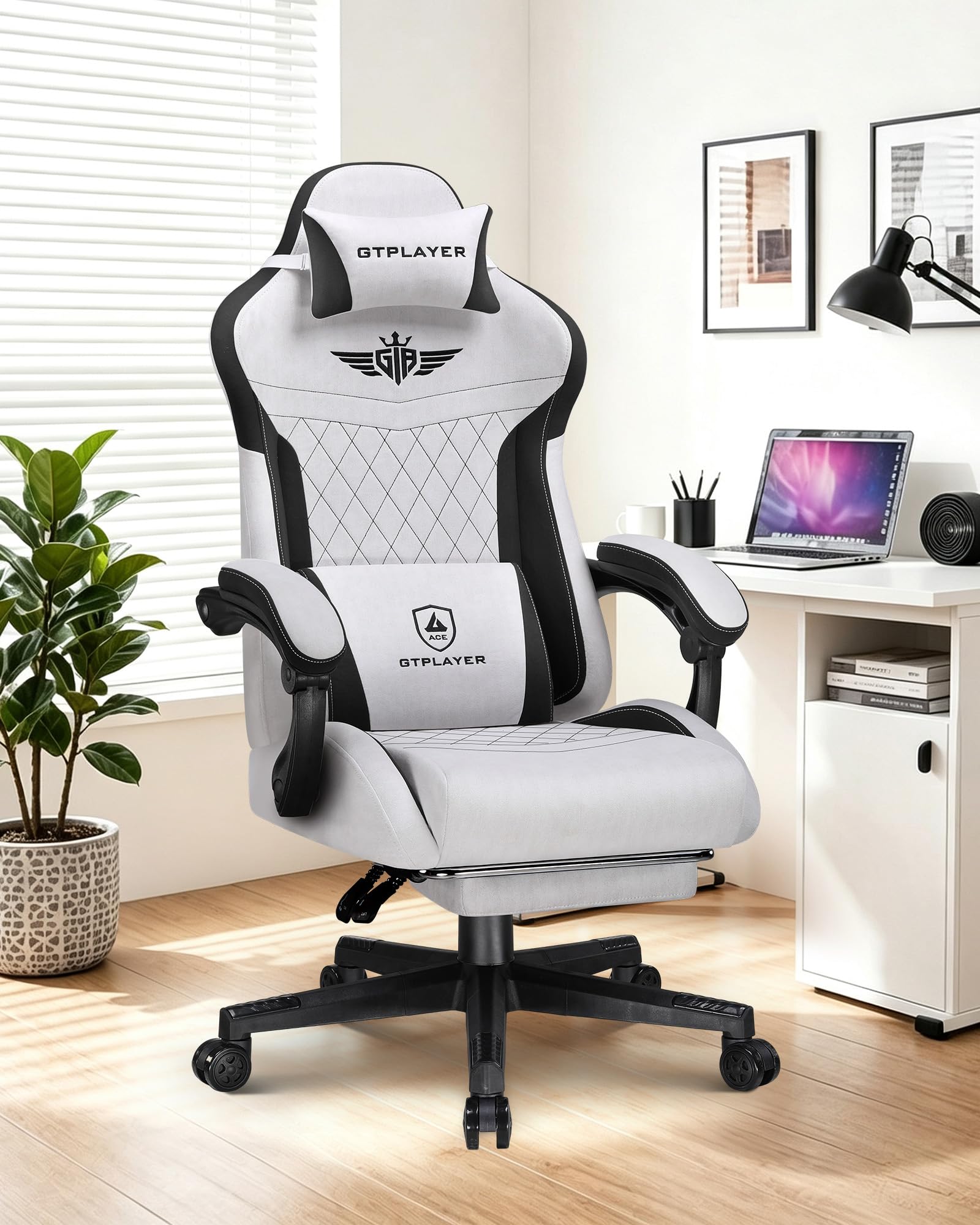 GTPLAYER Gaming Chair with Footrest, Big and Tall Game Chair High Back Computer Office Chair with Lumbar Support for Adults, Ergonomic Swivel Games Chair with Cushion Gaming, Fabric Grey