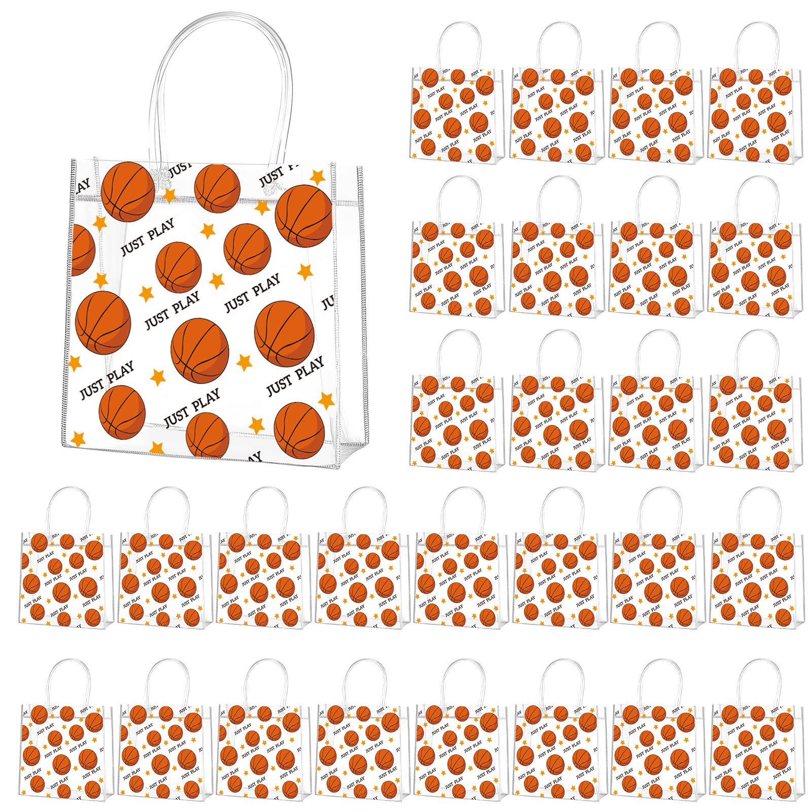 AUGSUN Basketball Themed PVC Clear Tote Bags, 28 Pack Basketball Gift Bags with Handles, Sport Snack Bags for Party Favors, Snacks, and Sports Events