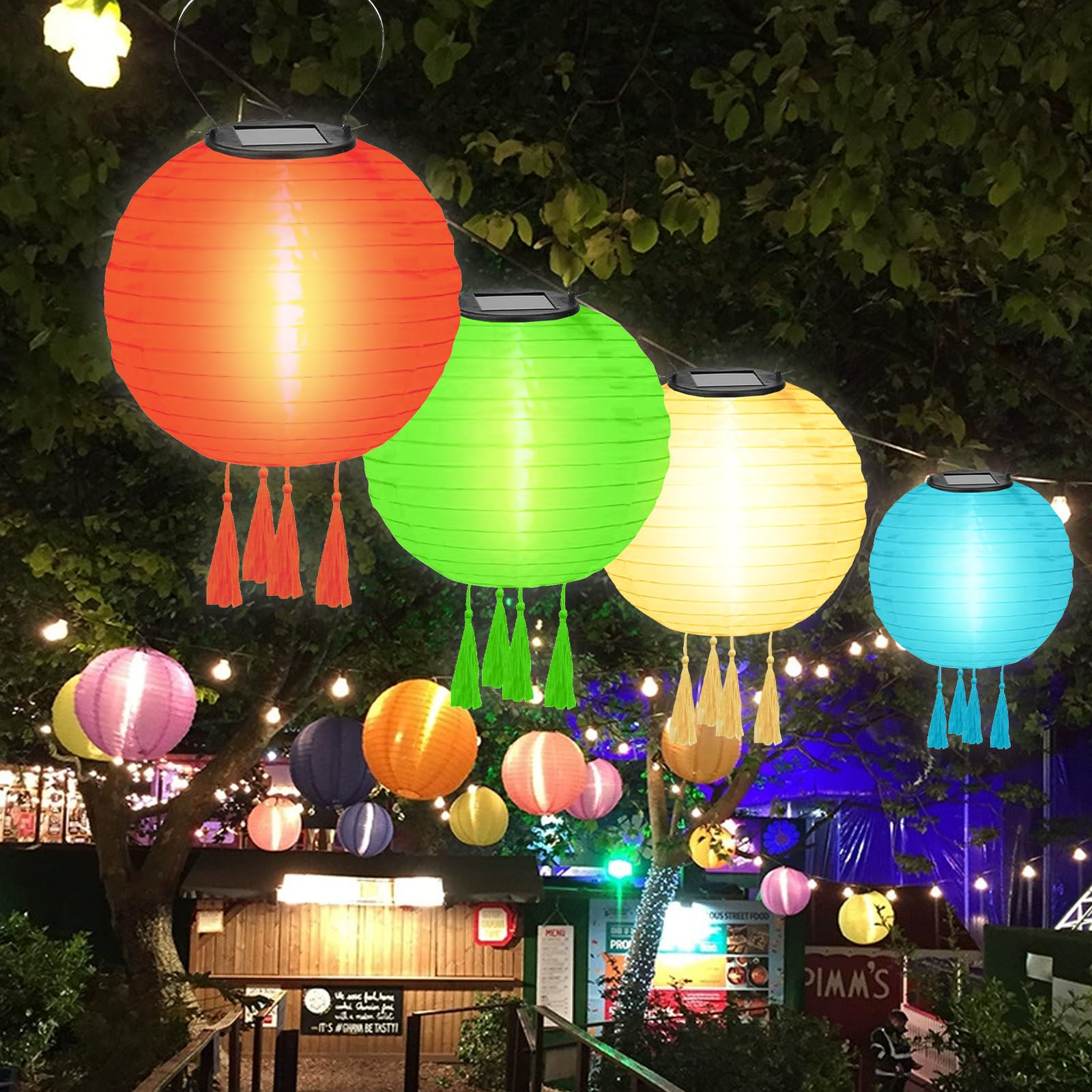 Lot de 4 lampions solaires d'extérieur résistants aux intempéries - Lampes solaires d'extérieur à suspendre - Avec 4 pompons - Pour terrasse, cour, jardin