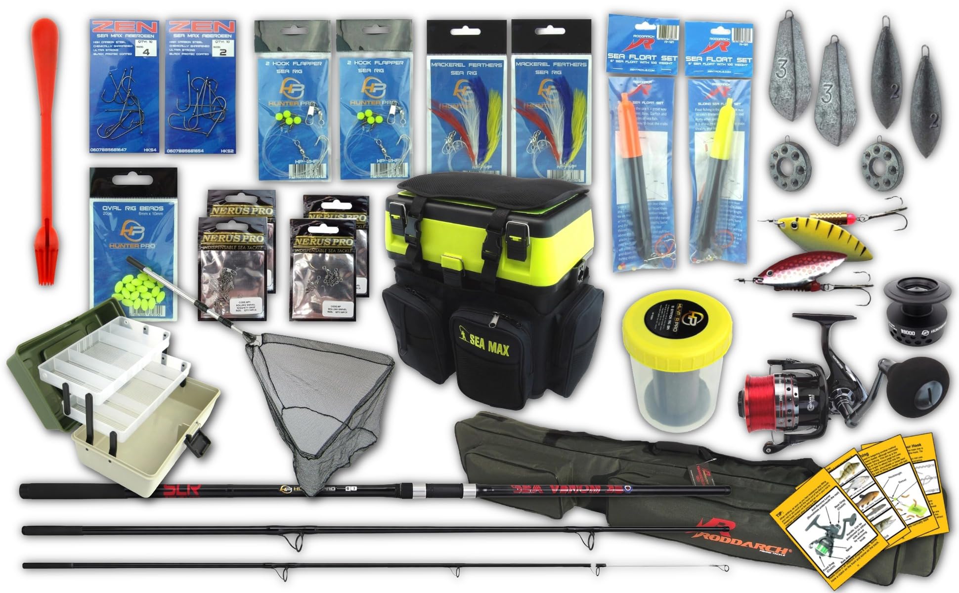 Hunter Pro 12 ft Carbon Sea Fishing Kit: Sea Venom 3 piece Beach Rod and V8000 Reel with Rucksack Seat Box, Holdall and 150+ Piece Tackle Set