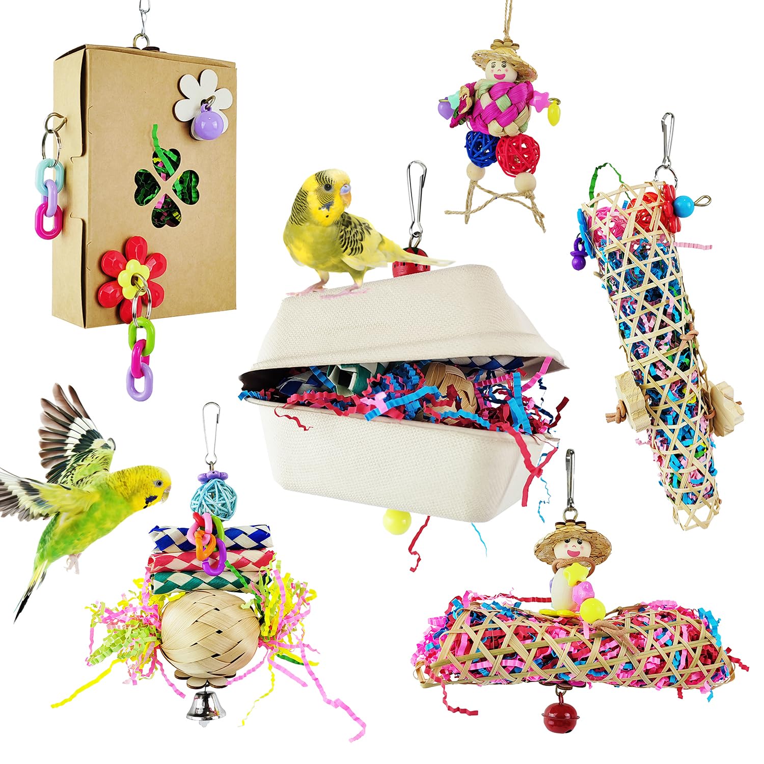 6PCS Bird Parakeet Cockatiel Toys - Foraging Shredder Box, Hanging Toys, Love Bird, Parrot, Tiger Skin Parrot Accessories