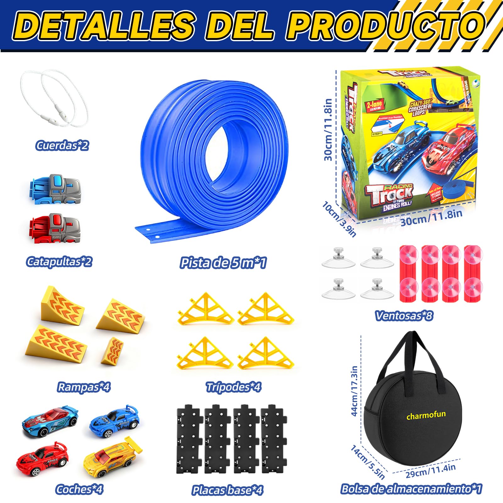 Charmofun Pista de Coches Flexible 5M, Pista de Coches para Niños con 4 Coches, Bolsa Almacenamiento, 2 Lanzadores, 8 Rampas y Ventosas, Pista De Carreras Portátil para Niños de 3+ Años (Azul)