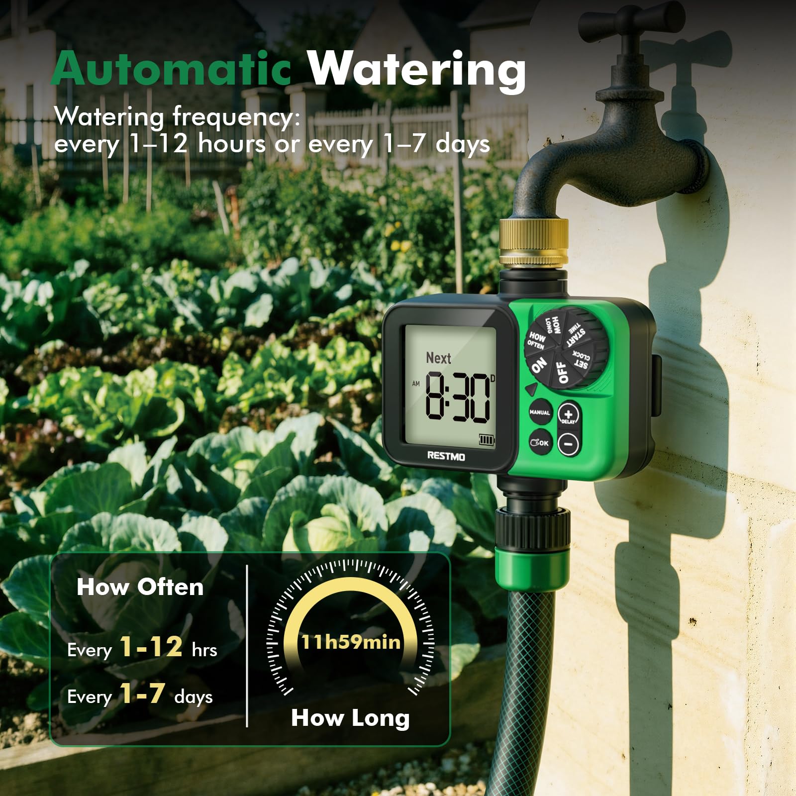 RESTMO Timer di irrigazione LCD di grandi dimensioni per rubinetto del tubo esterno, fino a 11h59m Timer di irrigazione programmabile per tubo di immersione, riempimento, nebulizzazione con ingresso
