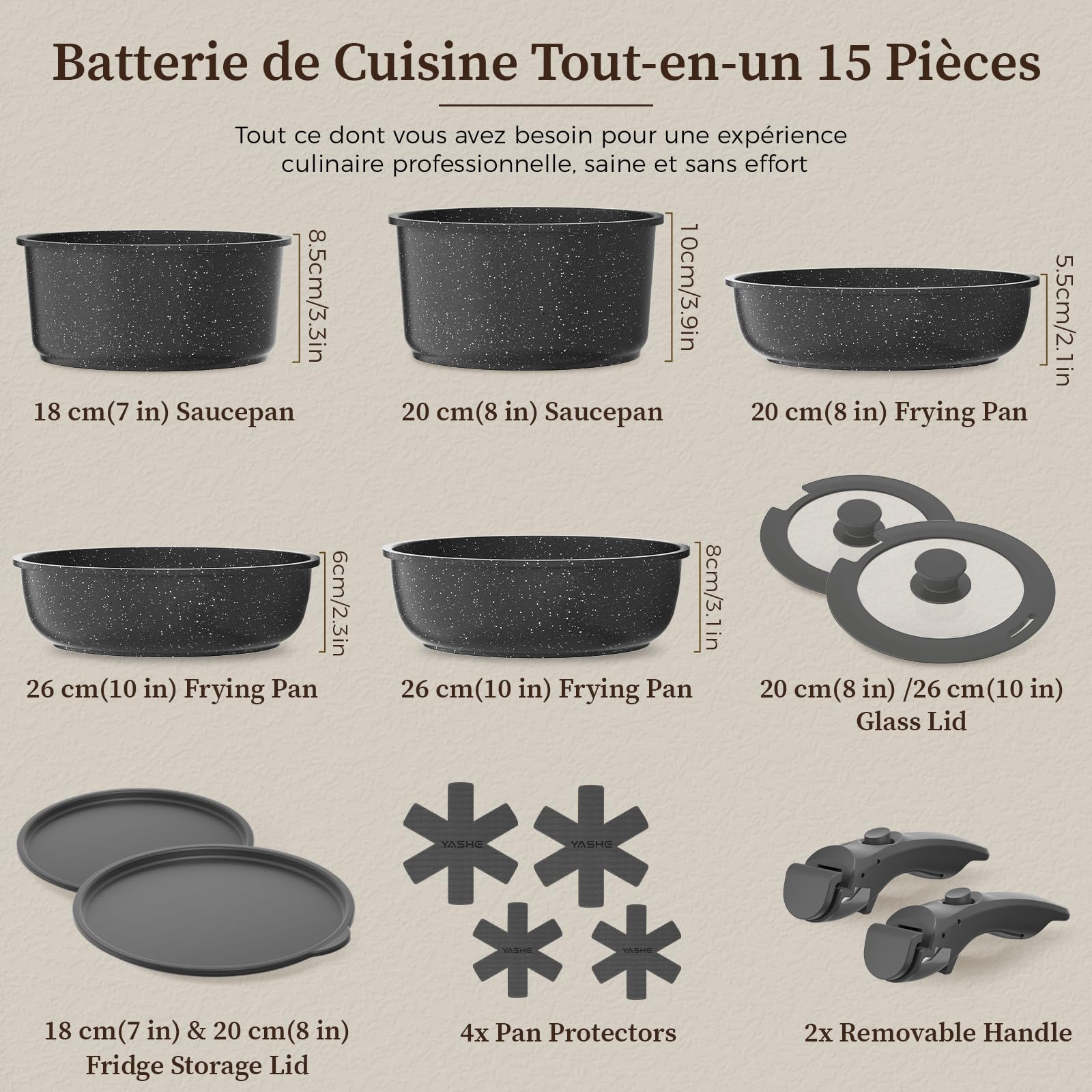 YASHE Batterie de cuisine 15 pièces, non toxique, sans PTFE ni PFAS | Ustensiles de Cuisine avec Poignée Amovible, Poêles et Casseroles Antiadhésives en Granite, Design Empilable Gain de Place