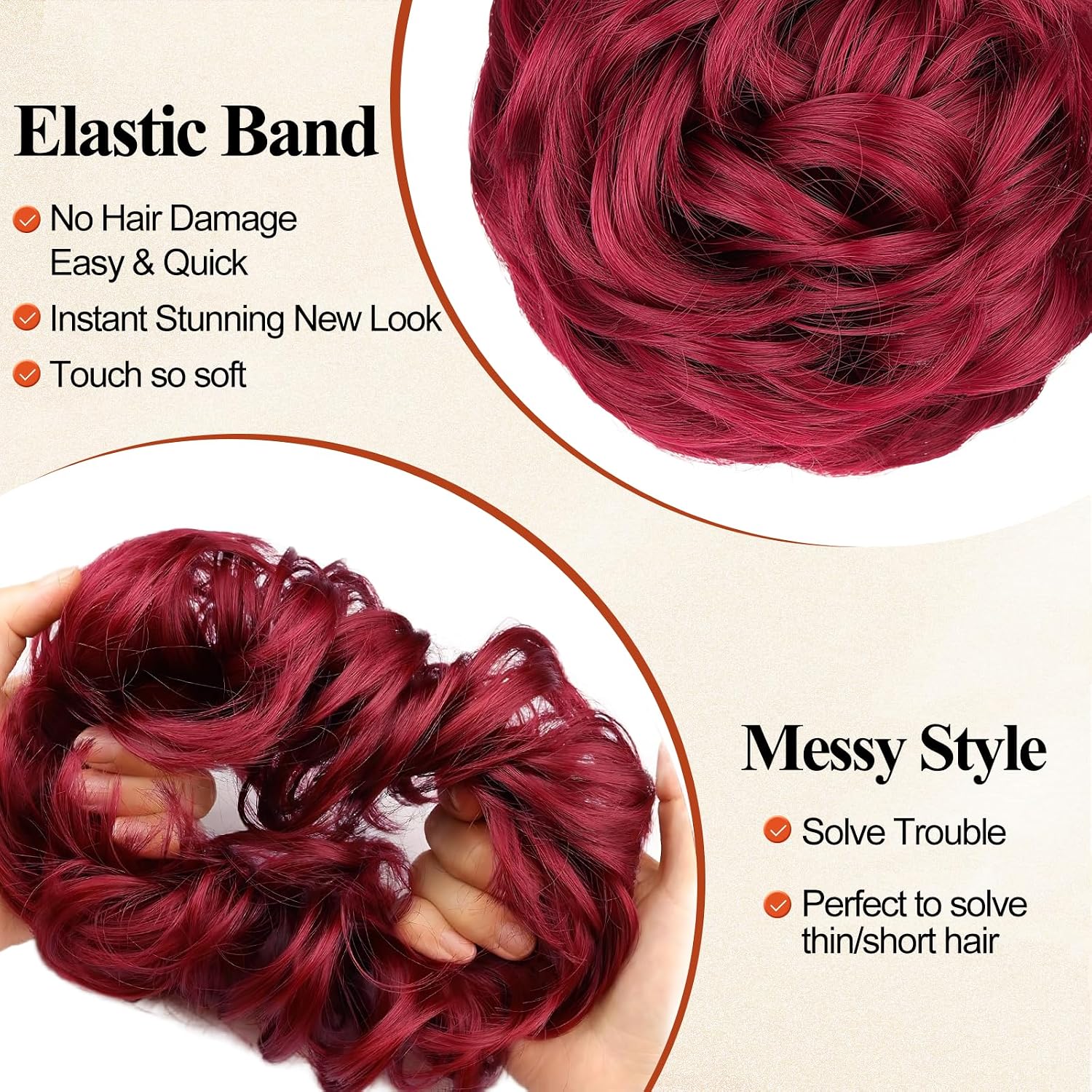 2PCS Messy Bun Hair Pieces Wavy Curly Synthetic Updo Chignon Fake Scrunchies Ponytail Extension for Women Burgundy Red