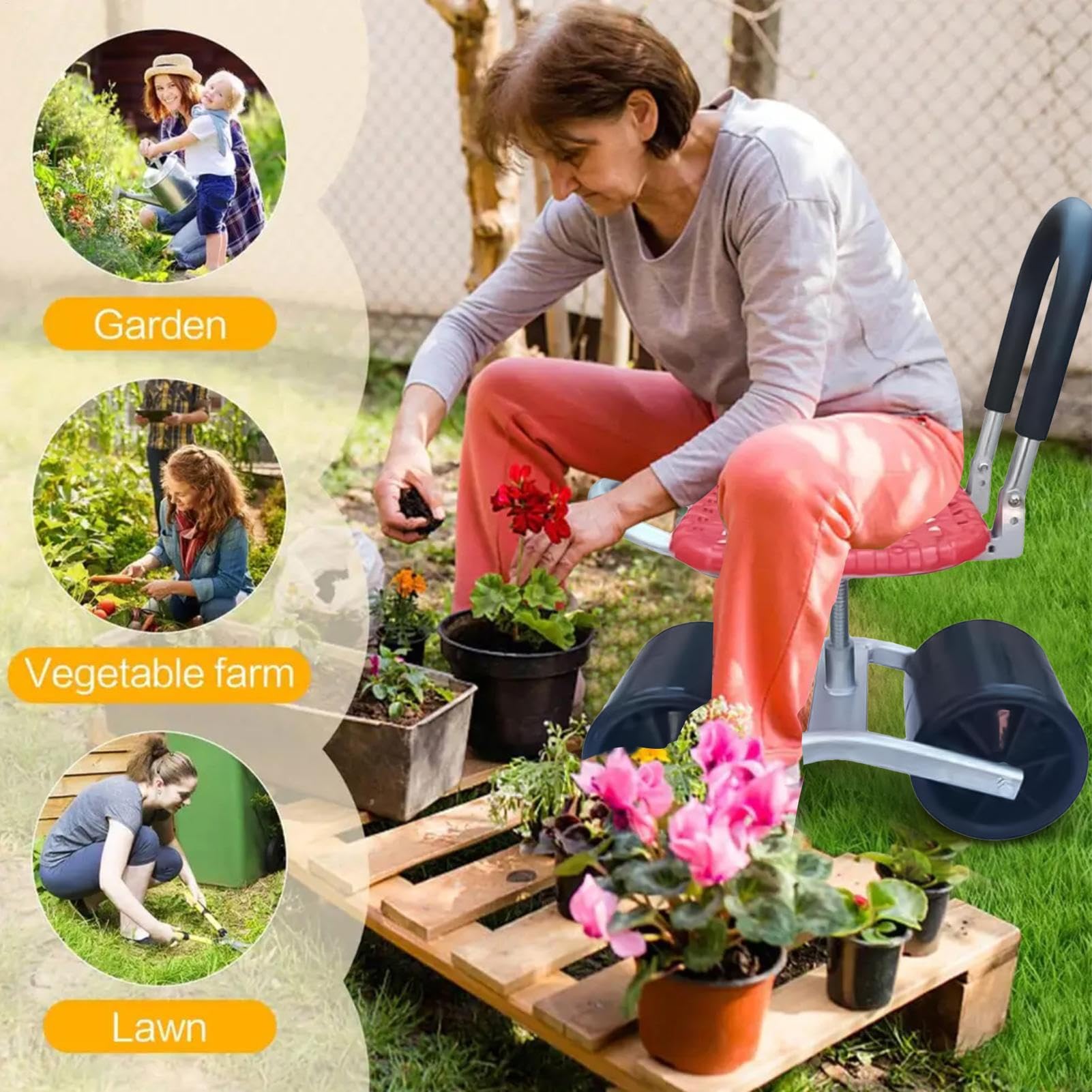 Carrello da Giardino con Sedile - Sgabello da Giardinaggio Regolabile con Ruote, Sedia Ergonomica | Scooter per Cortile per Anziani, Panca Mobile con Maniglia per Orto, Serra, Prato e Esterni