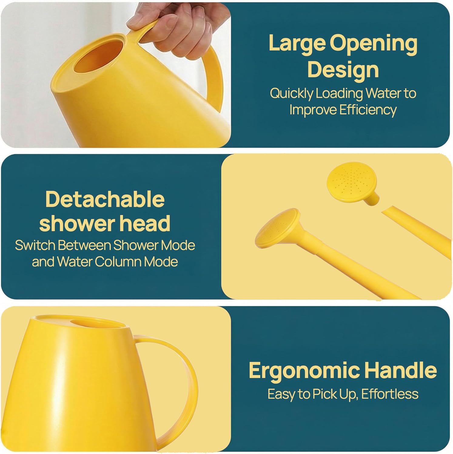 Modern 1.8 Liter Plastic Watering Can with Detachable Spout and Sprinkler Head, Designed for Controlled Pouring and Easy Handling, Yellow
