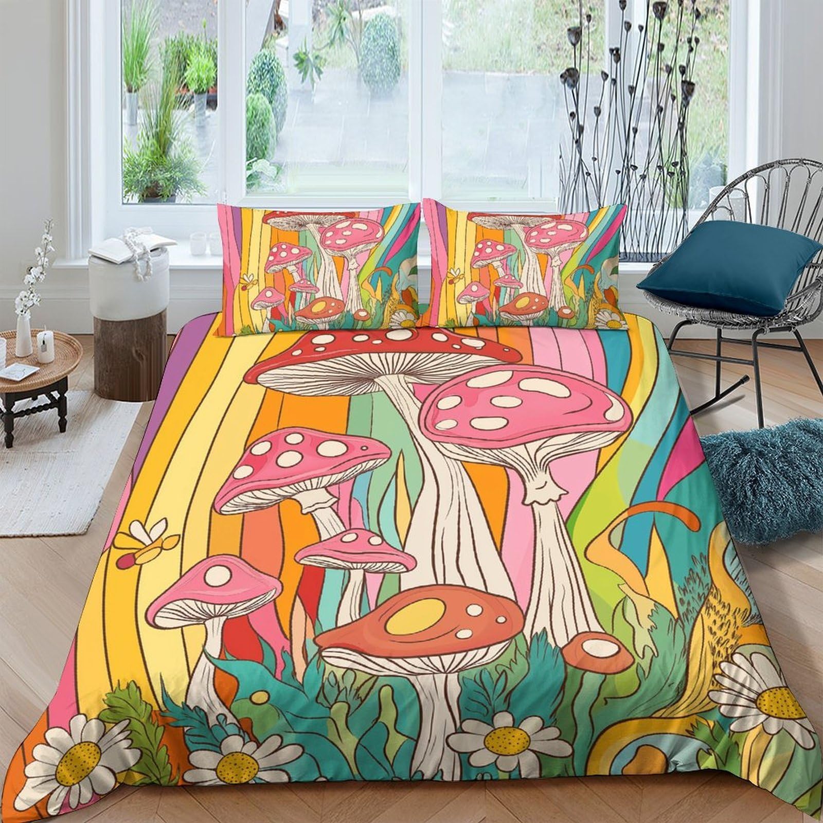 Ctjqhvkz Style-3 3D Printed Colorful Mushroom Fitted Sheet Microfiber Soft Anti-Slip Rainbow Forest Bed Cover For Bedroom Guestroom Decor Single（135X200cm）