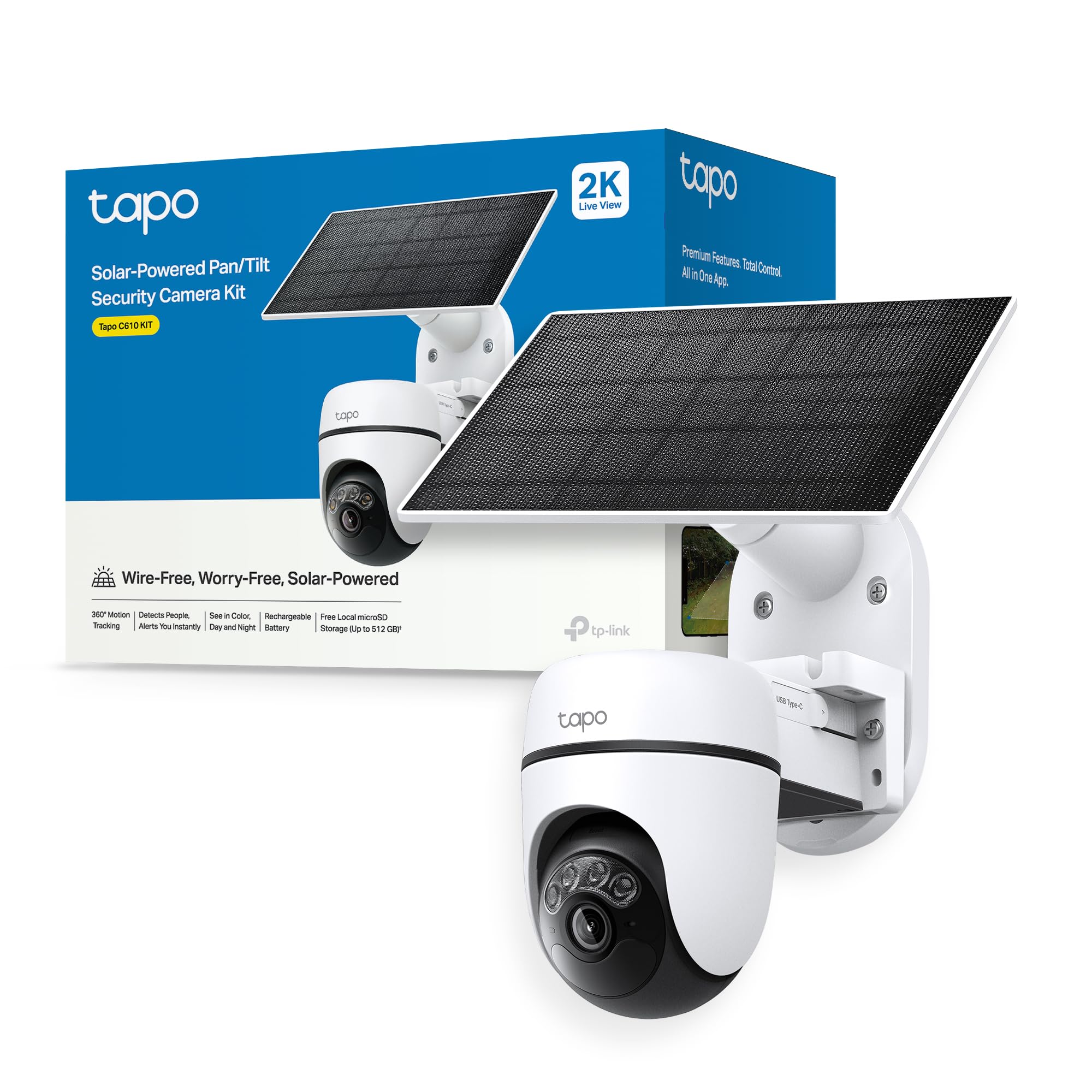 Tapo C610 Kit – Outdoor WiFi Surveillance Camera 2K 3MP with Solar Panel, 360° PTZ, 6700mAh Battery, Human Detection, Color Night Vision, AI Tracking, IP65 Wireless